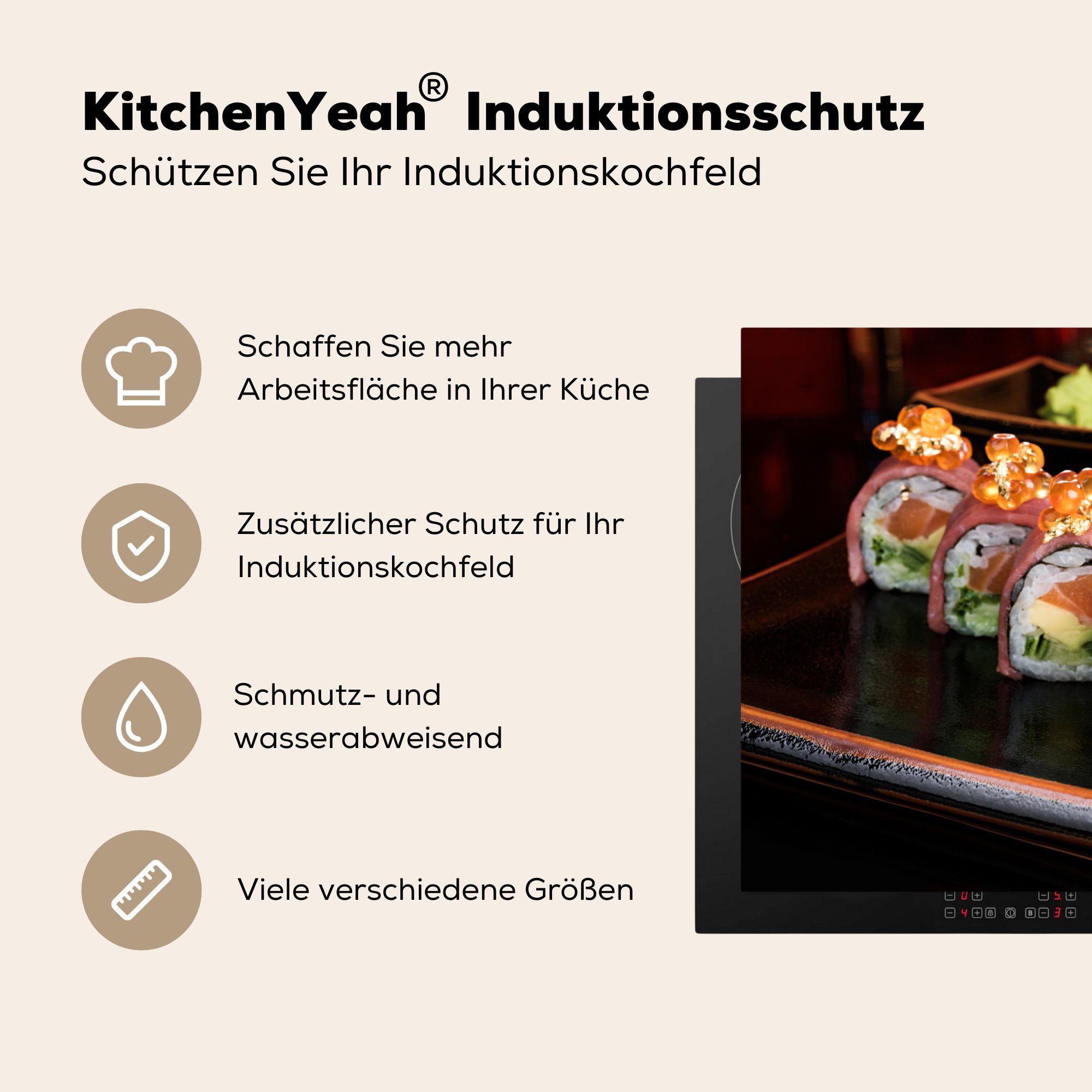 Schutz Induktionskochfeld tlg), cm, Luxuriöses MuchoWow die Vinyl, japanisches Sushi, Herdblende-/Abdeckplatte küche, für Ceranfeldabdeckung (1 81x52