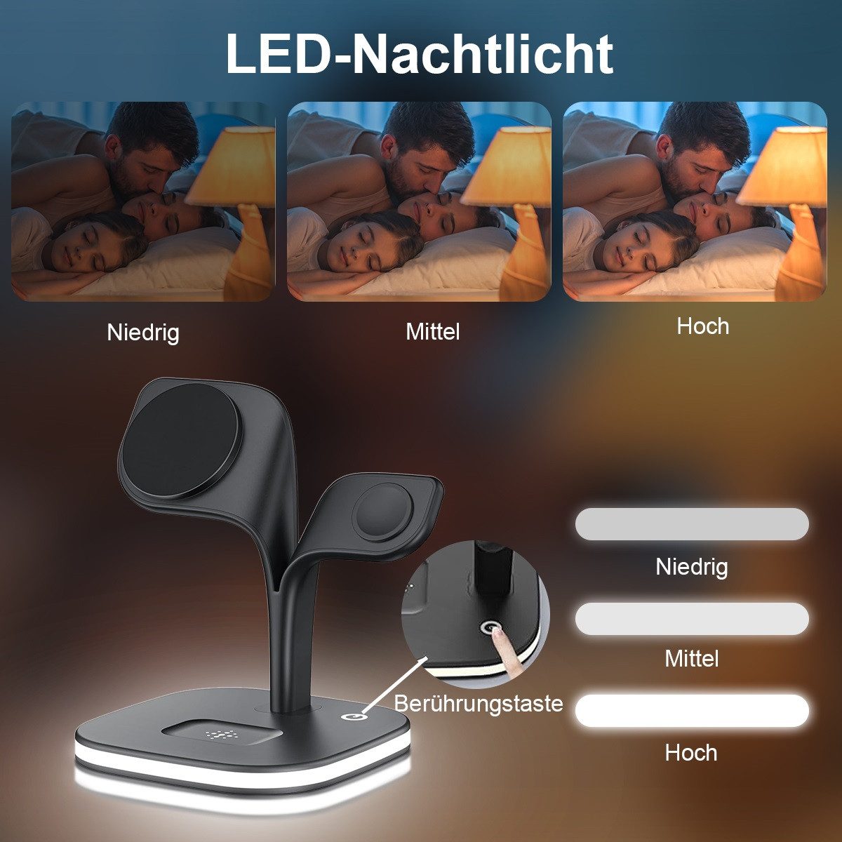 Novzep 4-in-1 Induktive Ladestation mit Nachtlampe, 23w Wireless Charger Induktions-Ladegerät (iPhone 12 13 14 15 16 max plus,AirPods 2/Pro, Apple Watch 2-7/SE, Kabelloses induktives Laden, Wireless Charger für Apple iPhone)