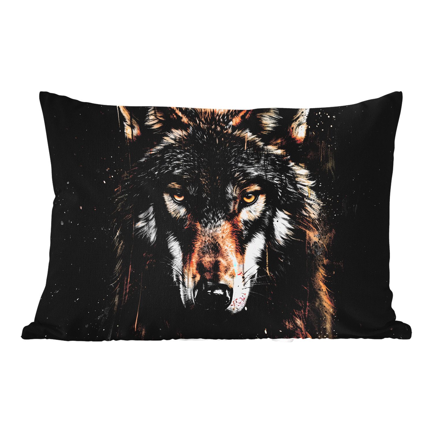MuchoWow Dekokissen Tiere - Wolf - Porträt - Schwarz - Braun, Outdoor-Dekorationskissen, Kissen, Kissenbezug, 50x30 cm