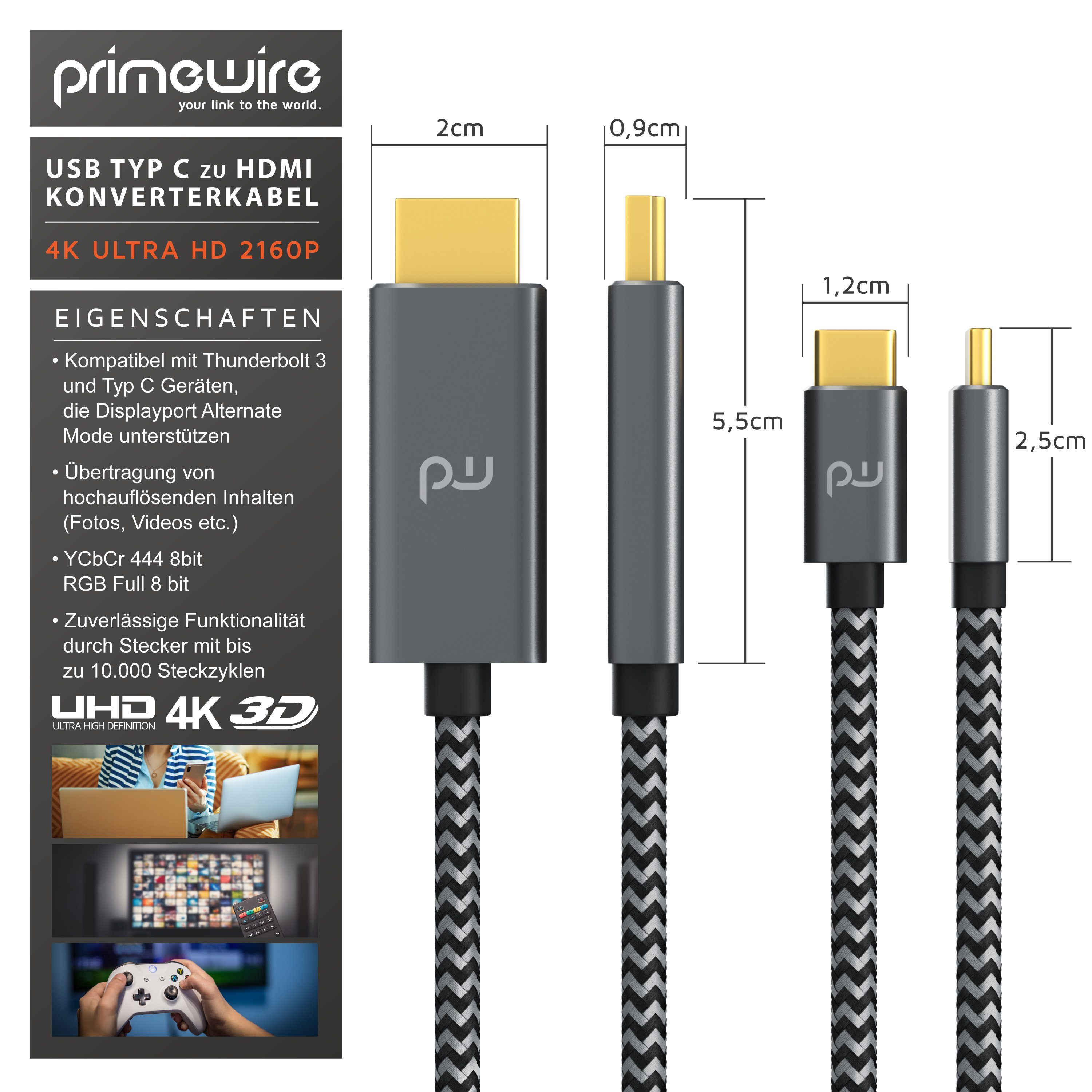 Primewire Audio- & Video-Kabel, USB-C, HDMI Typ A (300 cm), USB Typ C zu HDMI Konverterkabel Adapterkabel 4K 3840 x 2160 @60Hz, 3m
