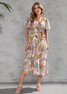 BlauWave Druckkleid Bedrucktes Sommerkleid mit V-Ausschnitt zur Taillenverkleinerung (Bequem und langlebig, 1-tlg., Für den Alltag unterwegs) Langes Kleid mit kurzen Ärmeln und Wickeltaille