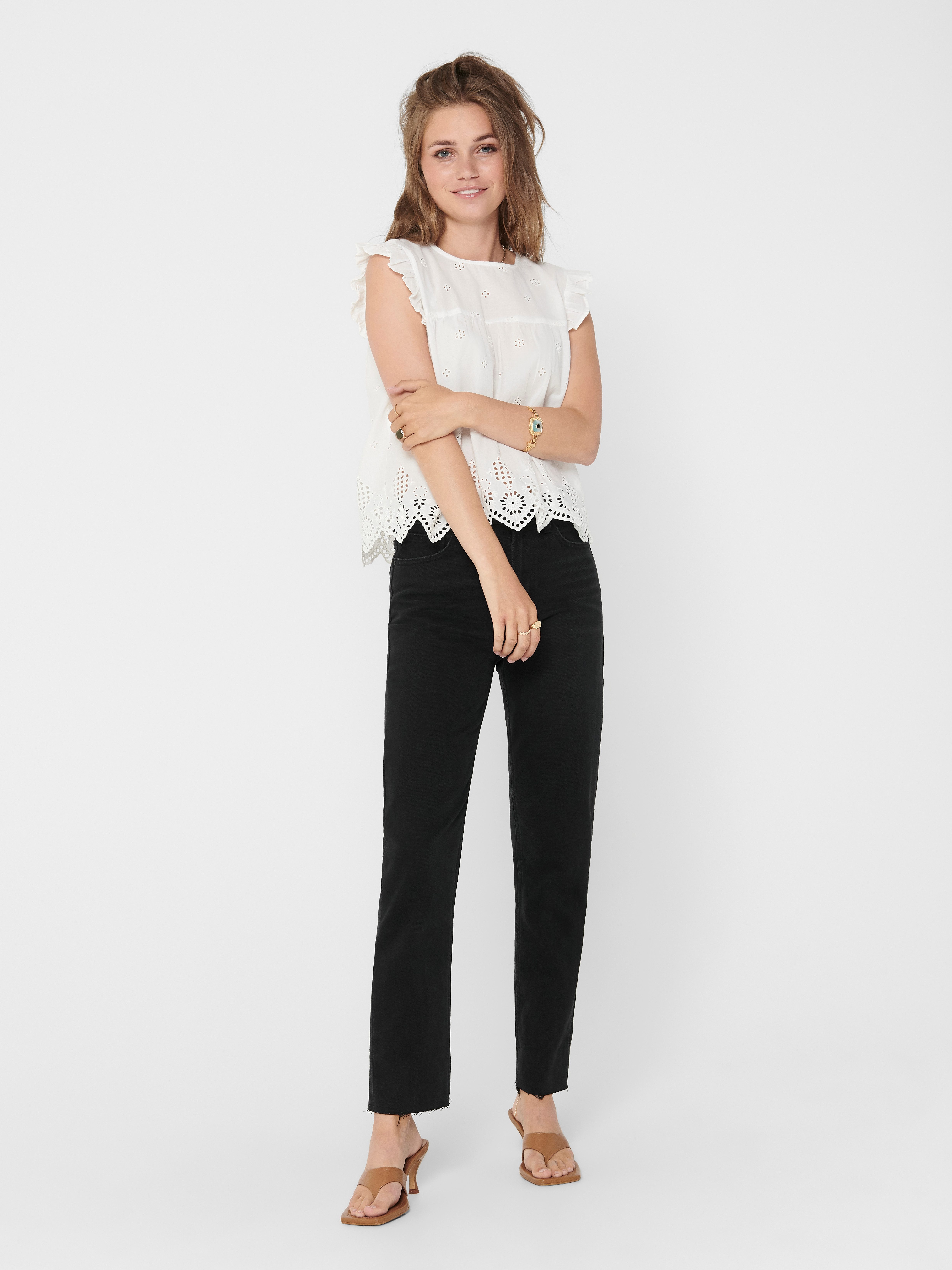 ONLY Rüschentop ONLSILLA LIFE S/L FRILL TOP WVN NOOS Baumwolle, regular fit, Rundhals – Bild 4 von 5