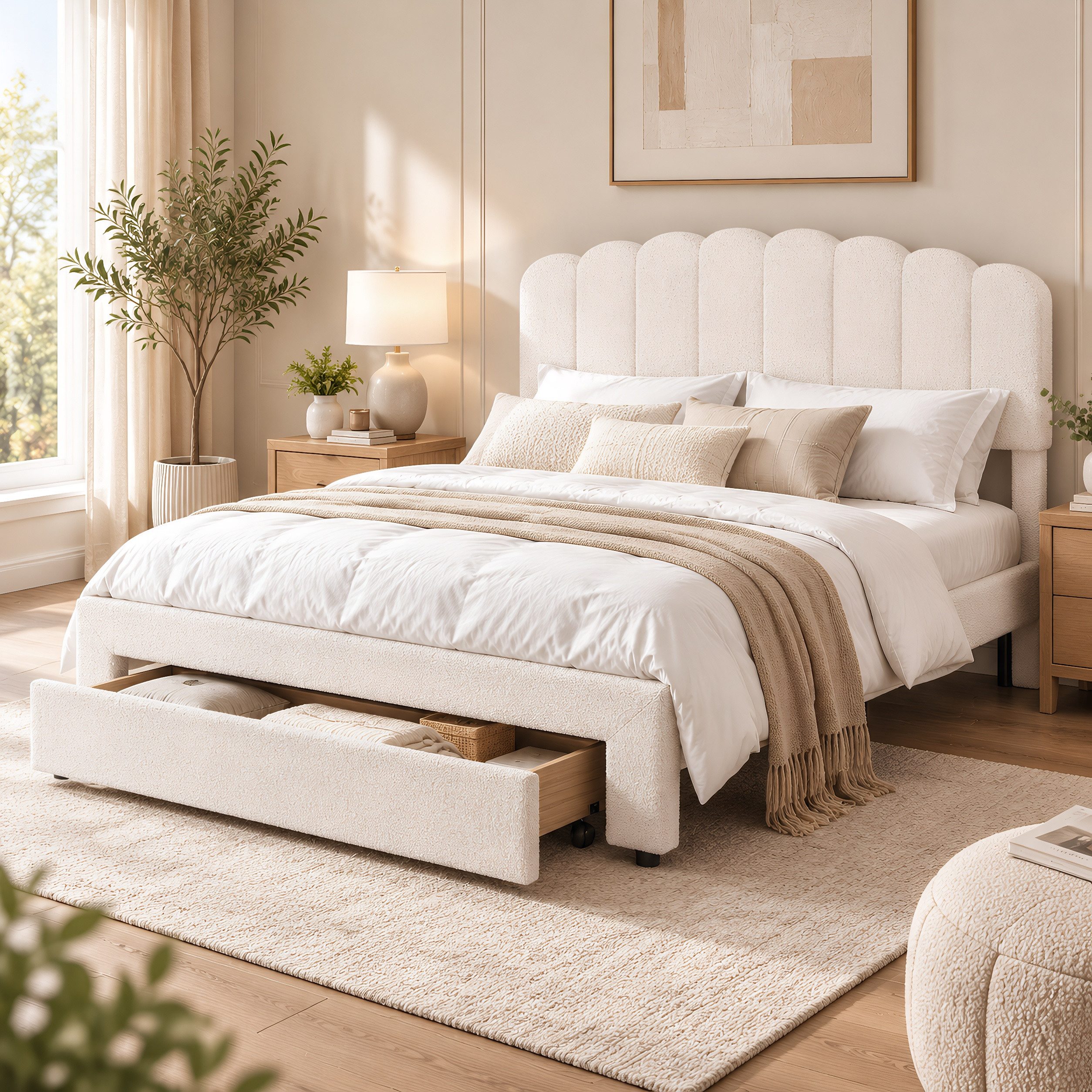 Simurq Polsterbett Bett 140x200 cm mit Stauraum Doppelbett Stauraumbett Mit Ladefunktion, Bettgestell mit Lattenrost, Schubladen und gepolstertem Kopfteil