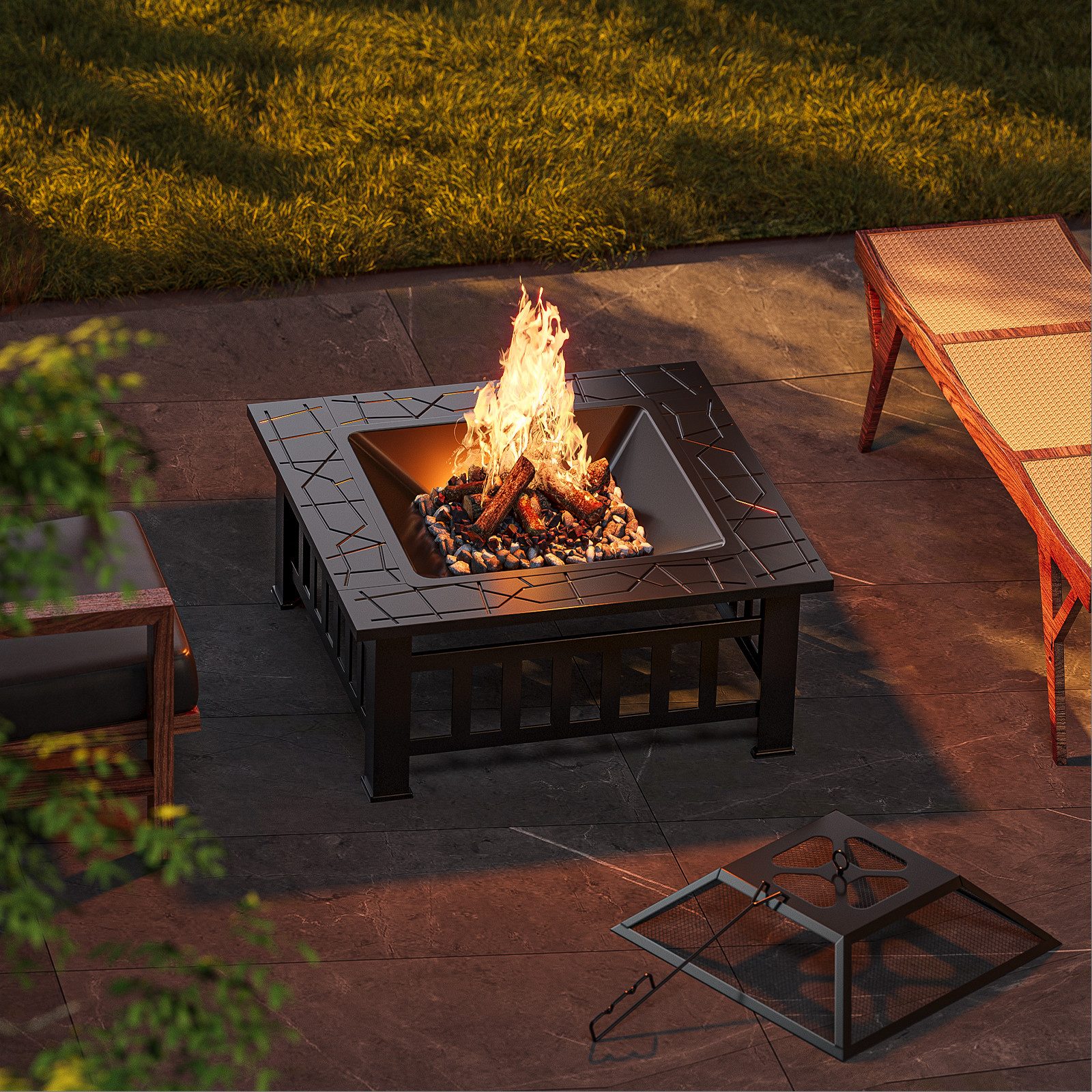 Bealife Fire Bowl, Charcoal Grill with Poker, 2-in-1 BBQ Grill, Fire Pit for Garden, Length x Width x Height: 81 x 81 x 35 cm