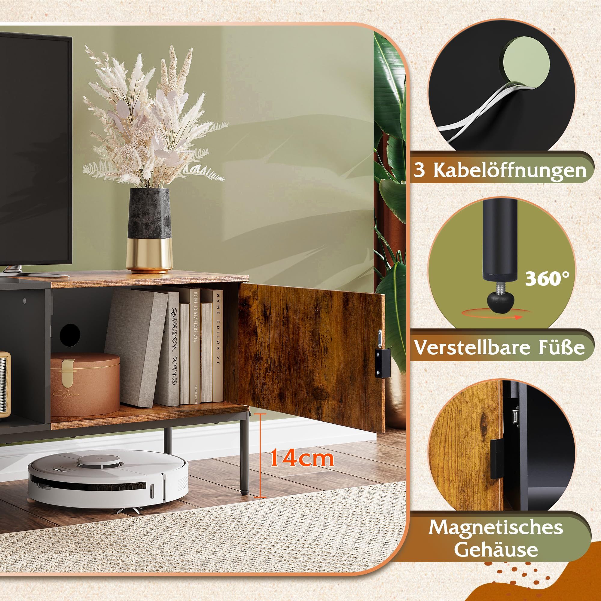 WLIVE Lowboard TV-Schrank für Fernseher bis zu 65 Zoll, 147 x 37 x 43 cm (TV Board mit Offenen Stauraum), Lange 147 cm Fernsehtisch für Wohnzimmer, Industrie-Design
