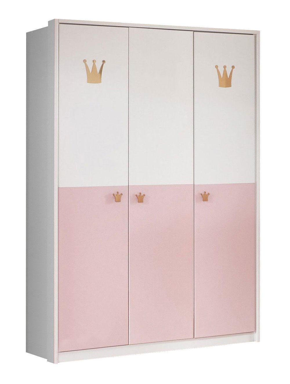 Wimex Kleiderschrank Cindy (mit Türen, Einlegeböden, Kleiderstangen, 1-St., Märchen Optik, goldfarbene Kronengriffe aus Kunststoff) 139cm weiß rosa 3-türig