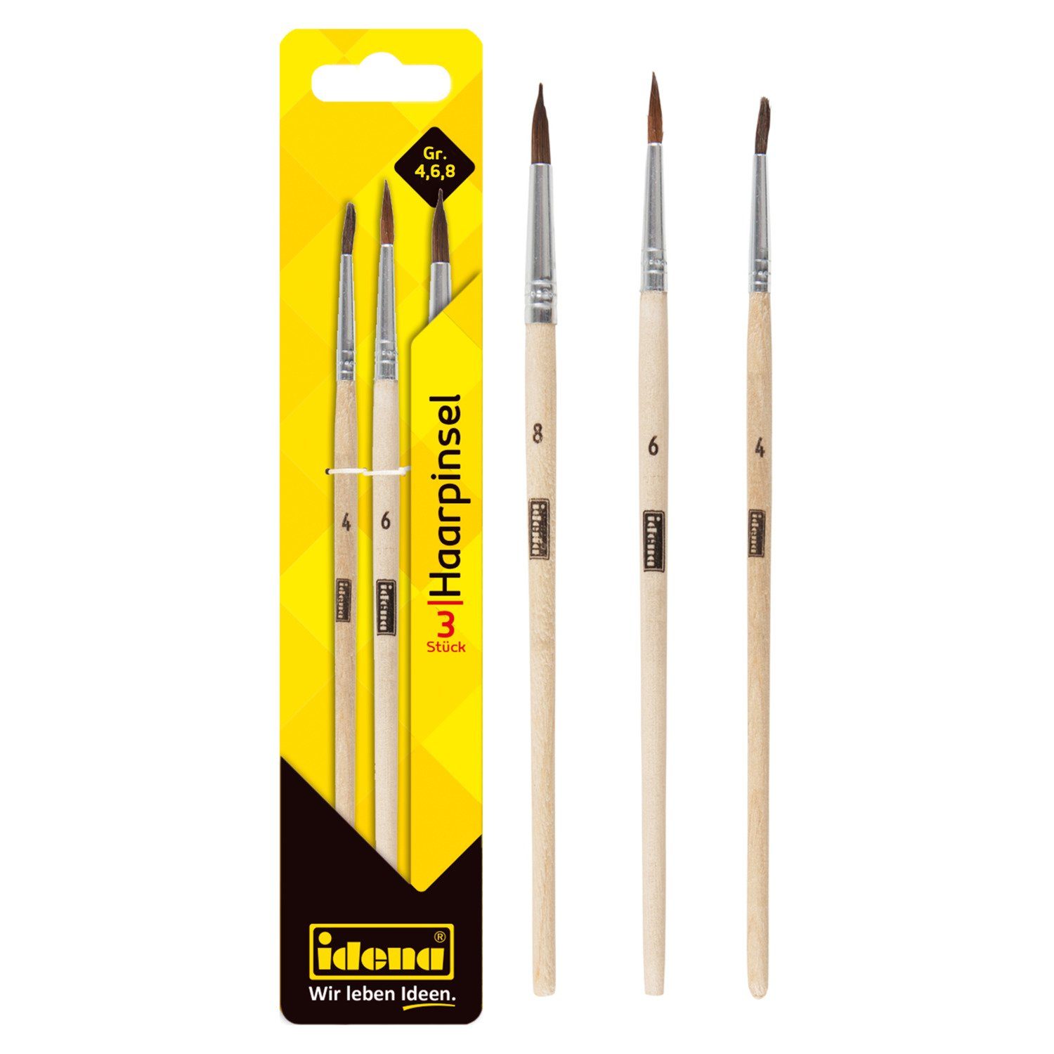 Idena Malpinsel Idena 60107 - Haarpinsel, 3er-Set, in den Größen 4, 6, 8, Malpinsel, (Set, 3 Haarrundpinsel in verschiedenen Größen)