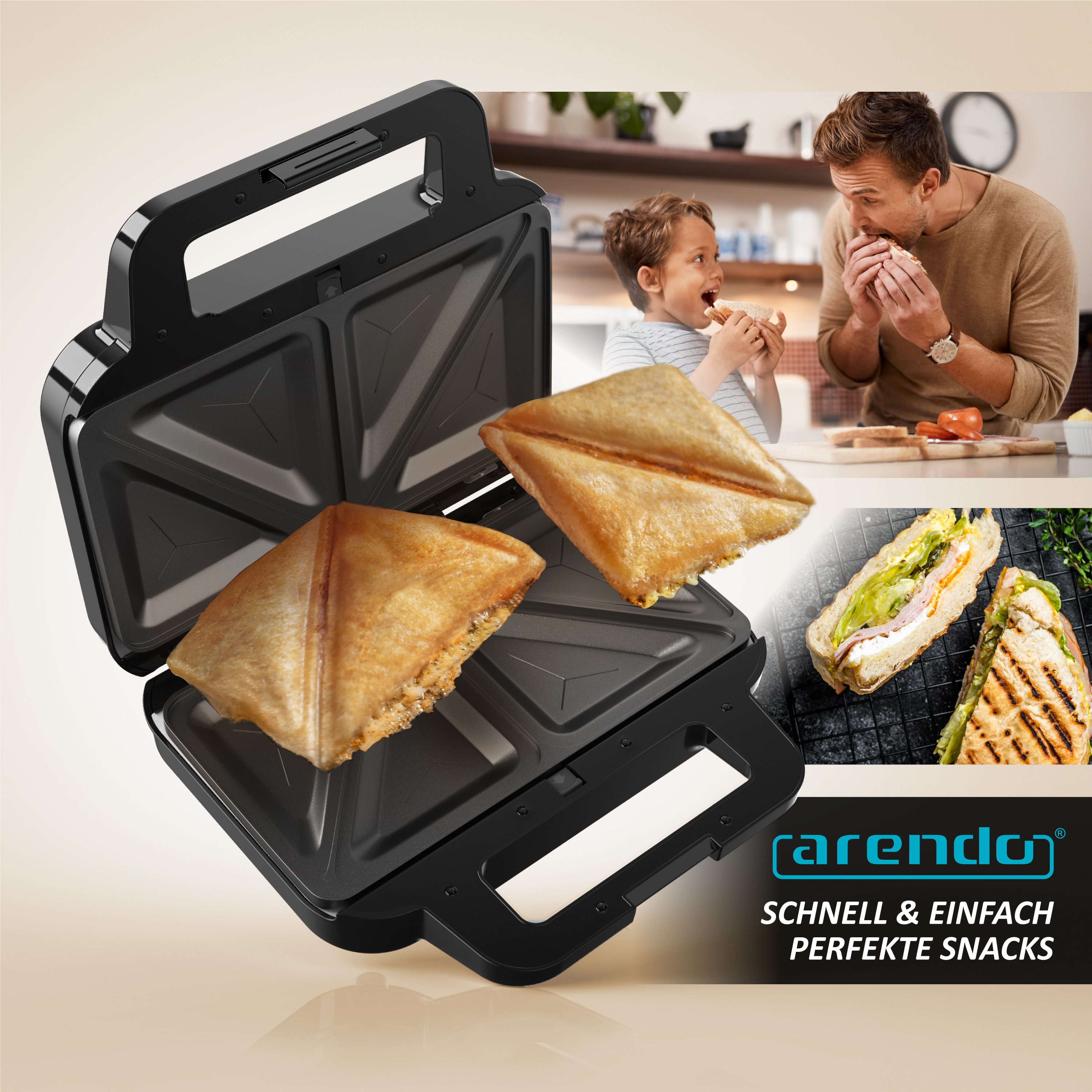 Arendo 3-in-1-Sandwichmaker 4in1 Sandwich Maker, Temperaturkontrolle, Cool Touch, BPA-frei, 900 W, Kabelaufwicklung, Antihaftbeschichtung, Anti-Rutsch-Füße