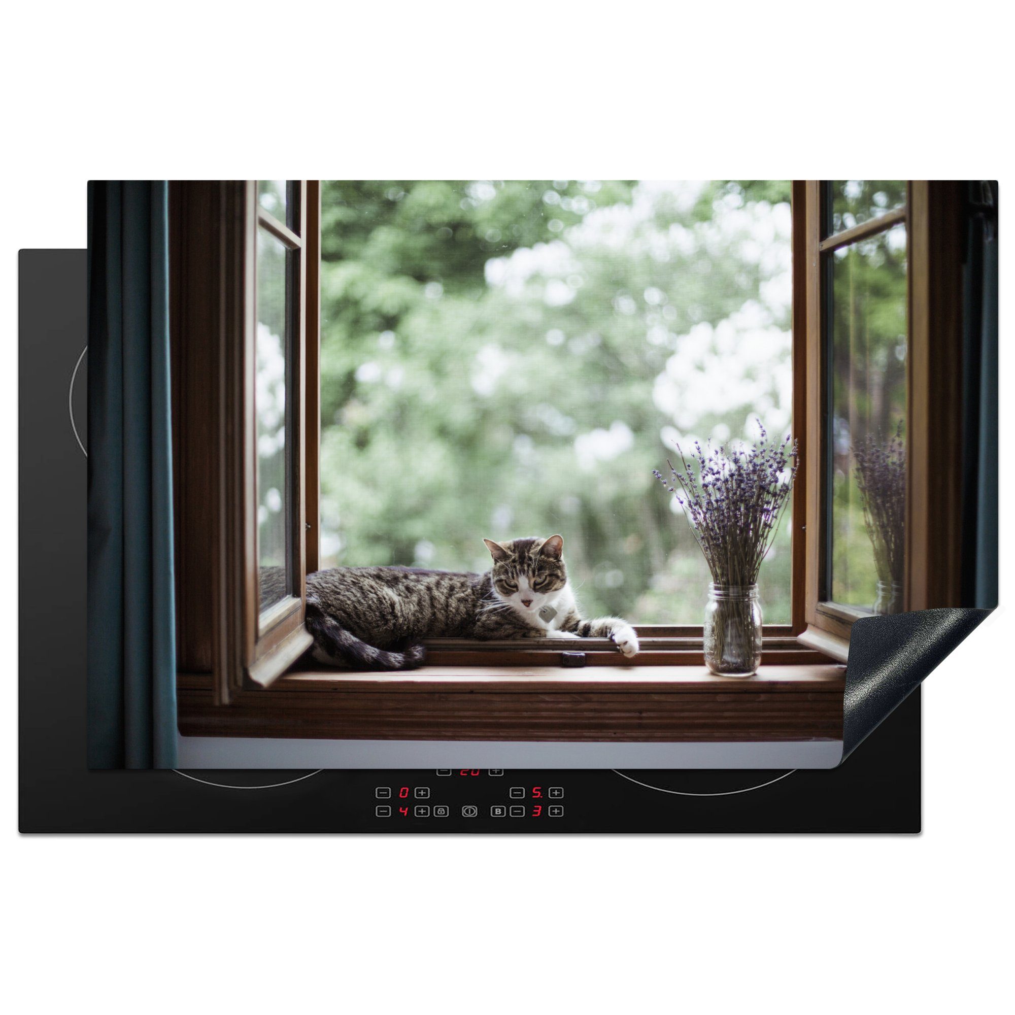 MuchoWow Herdblende-/Abdeckplatte Fenster auf Induktionskochfeld Katze cm, und einer Fensterbank, öffnen für die (1 Vinyl, Lavendel Schutz Ceranfeldabdeckung der 81x52 mit tlg), küche