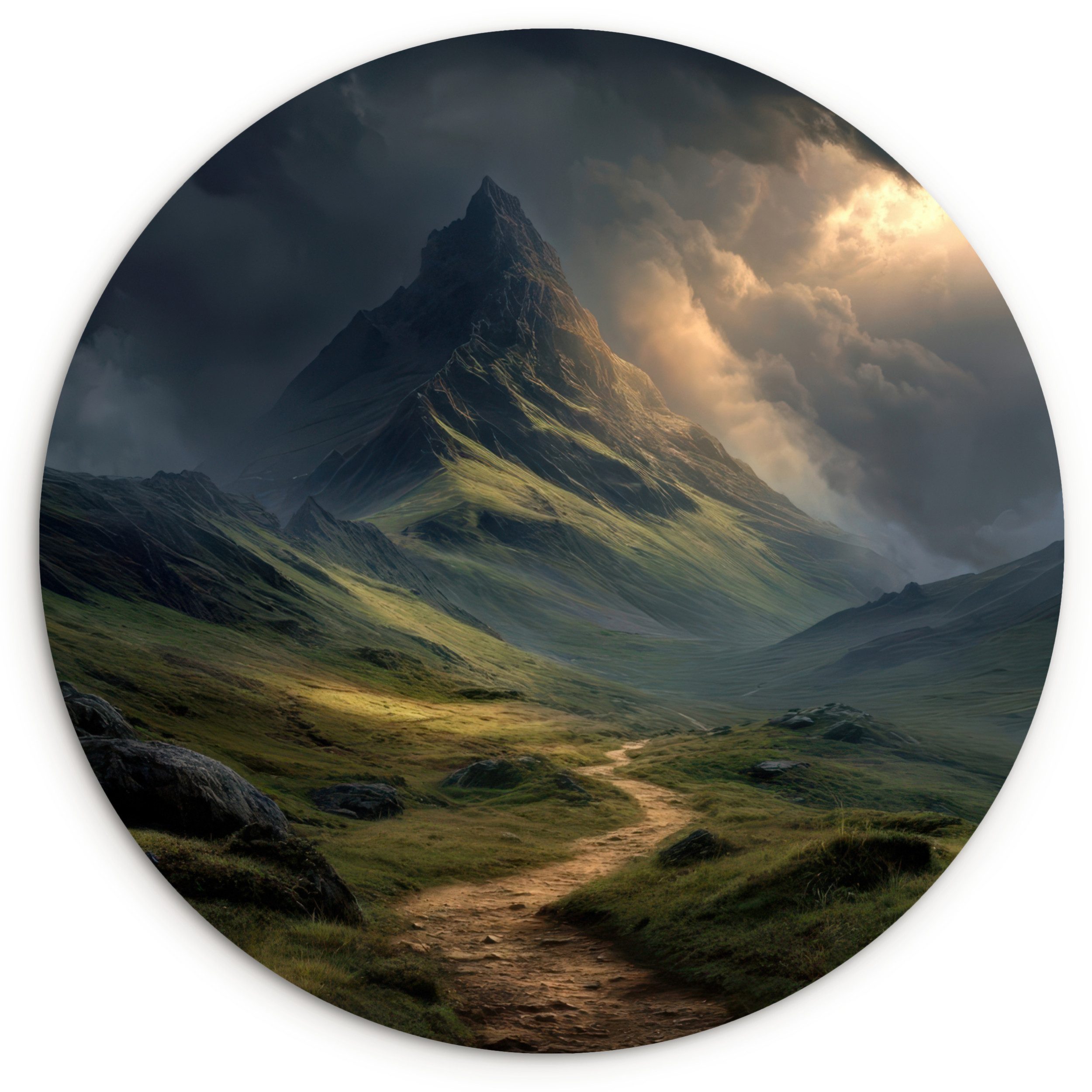 MuchoWow Gemälde Berge - Gewundener Pfad - Grün - Wolken, Fotodruck (1 St), Wandkreis Kunststoff für Wohnzimmer, Wandbild, 150x150 cm