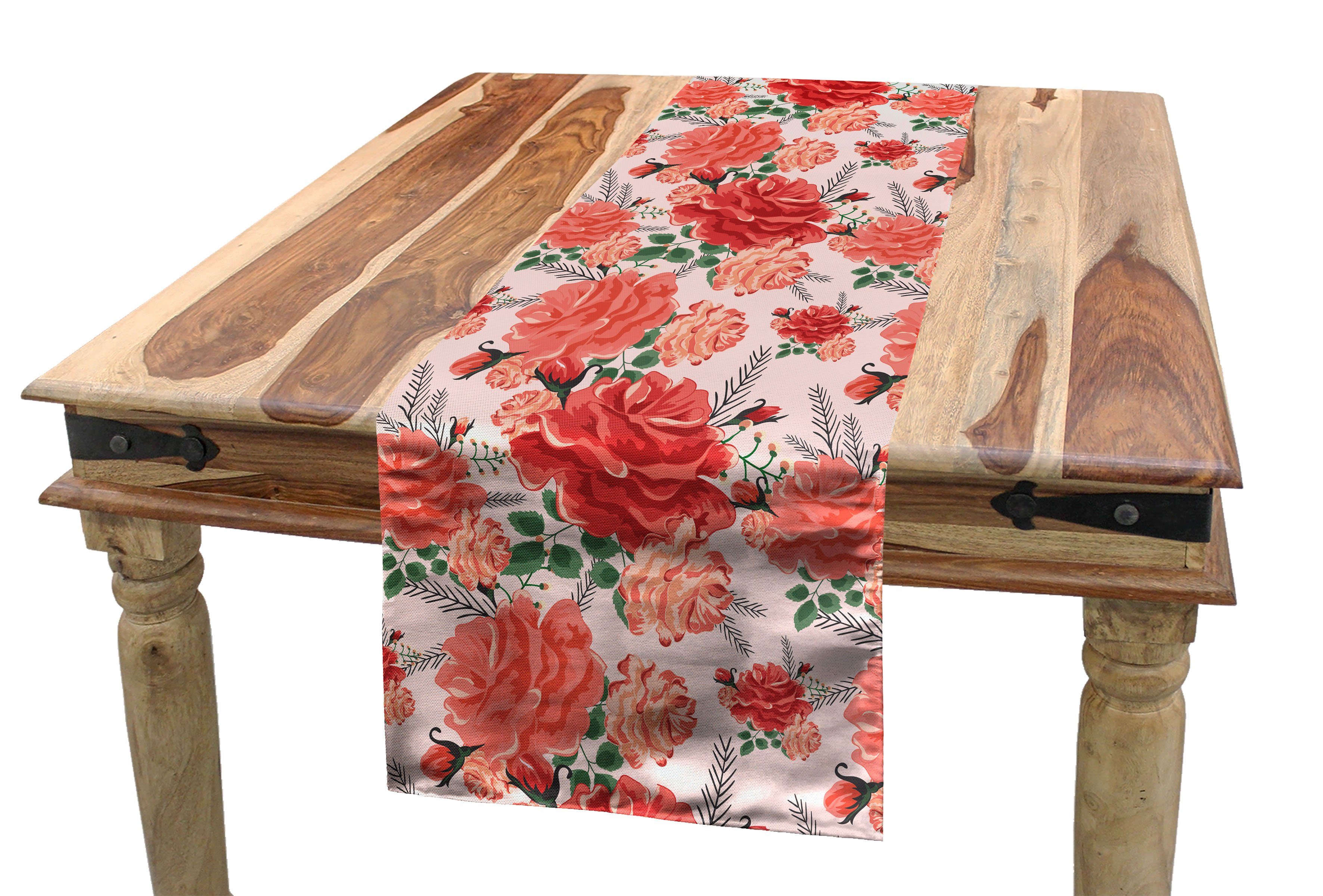 Abakuhaus Tischläufer Esszimmer Küche Rechteckiger Dekorativer Tischläufer, Blumen Romantische Rose Reisig Zeichnung