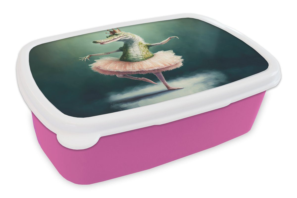 MuchoWow Lunchbox Krokodil - Krone - Gold - Ballett - Porträt - Kinder, Kunststoff, (2-tlg), Brotbox für Erwachsene, Brotdose Kinder, Snackbox, Mädchen, Kunststoff rosa