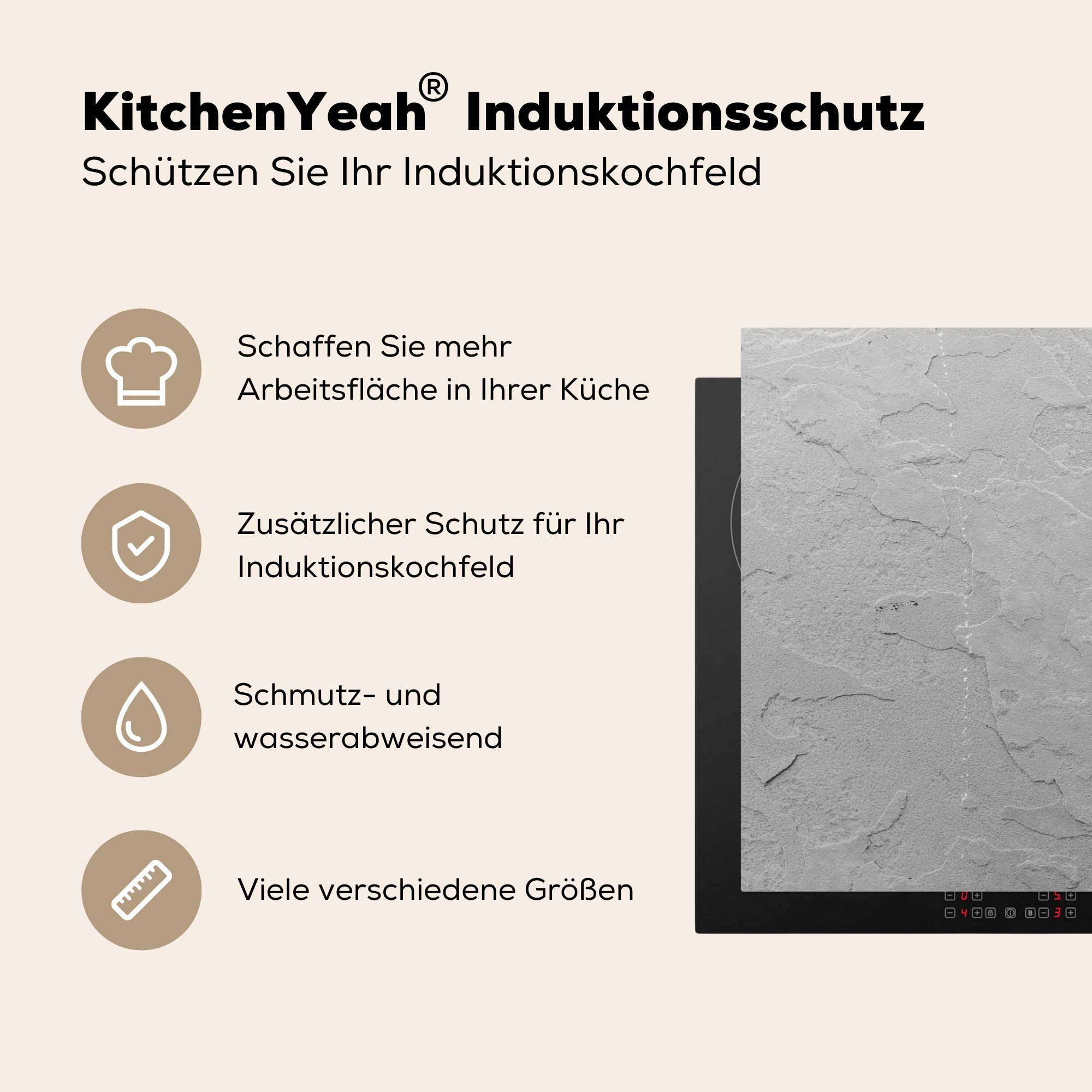 MuchoWow Herdblende-/Abdeckplatte - Induktionskochfeld 81x52 Steine - cm, die Vinyl, küche, Granit Textur, Grau Schutz (1 Ceranfeldabdeckung tlg), für 