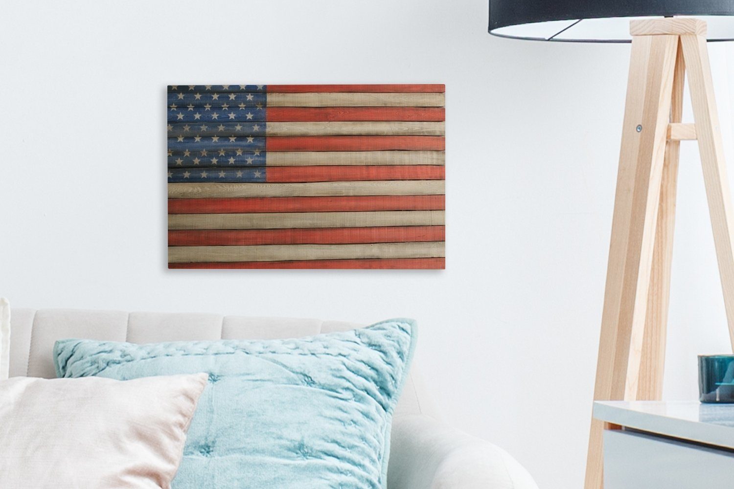 OneMillionCanvasses® Leinwandbild Flagge der (1 30x20 Vereinigten St), einem Holzpfahl, Staaten Leinwandbilder, auf Wanddeko, Aufhängefertig, Wandbild cm