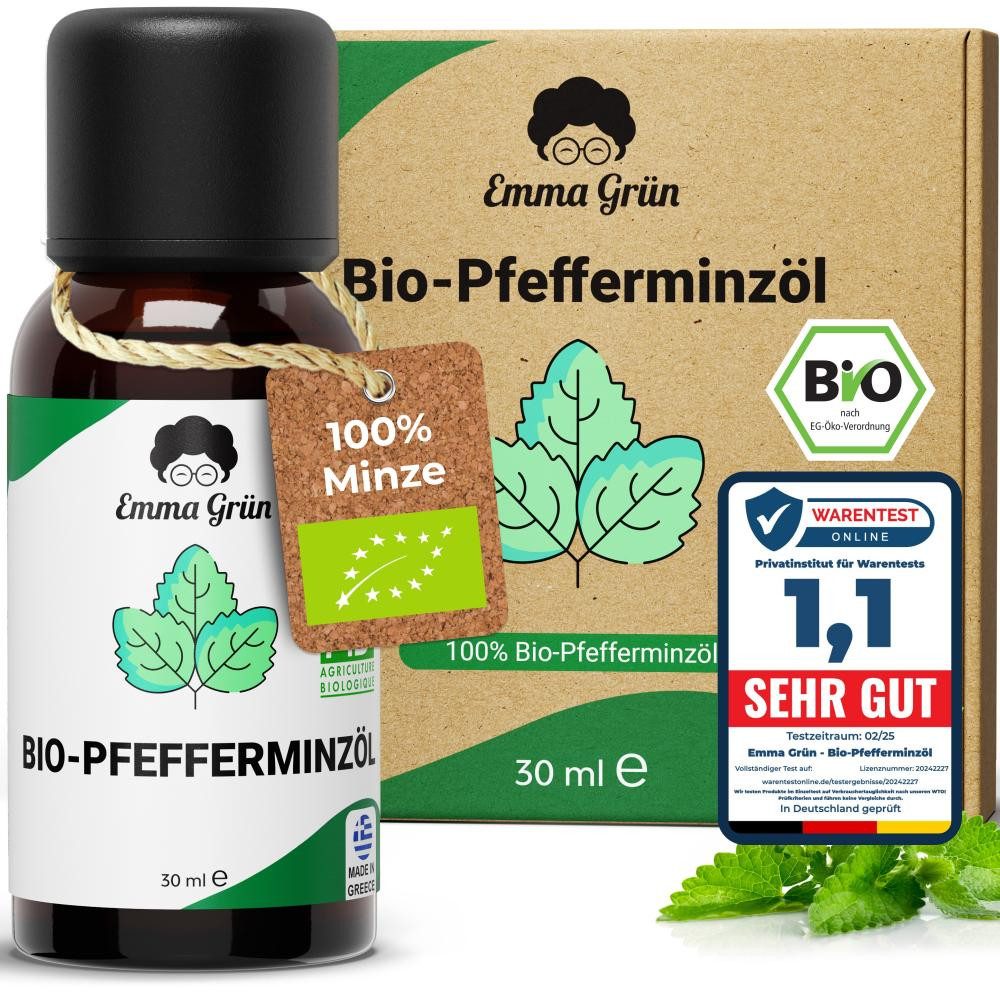 Emma Grün Duftöl Bio Pfefferminze 30 ml, naturrein & hochdosiert (Set, Je nach Auswahl: 1x, 2x oder 5x Bio Pfefferminzöl 30 ml), Höchste Bio-Zertifizierung als Lebensmittel, naturrein & ohne Zusätze