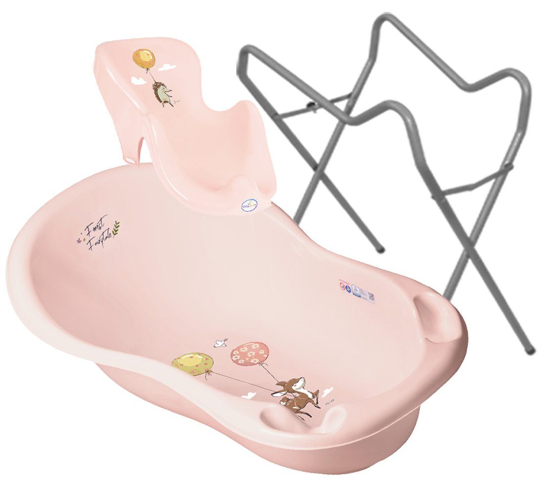 Tega-Baby Babybadewanne 2 Teile Set FOREST Rosa + Ständer Grau - Babybadeset Wanne 86 cm, (Made in Europe Premium-Set), **Babywanne + Badesitz + Ständer **