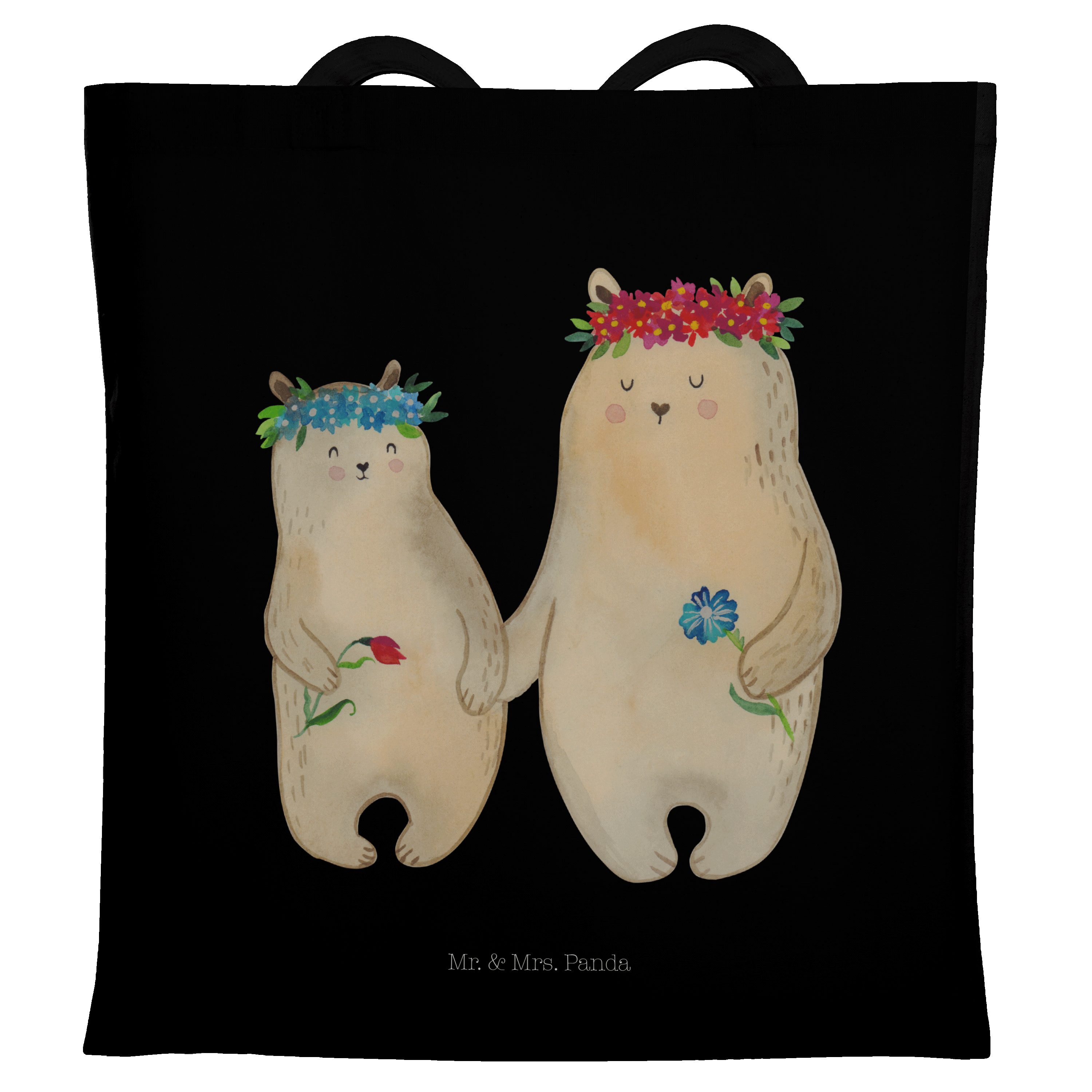 Mr. & Mrs. Panda Tragetasche Bären mit Blumenkranz - Schwarz - Geschenk, Vorbild, Beutel, Familie, (1-tlg)