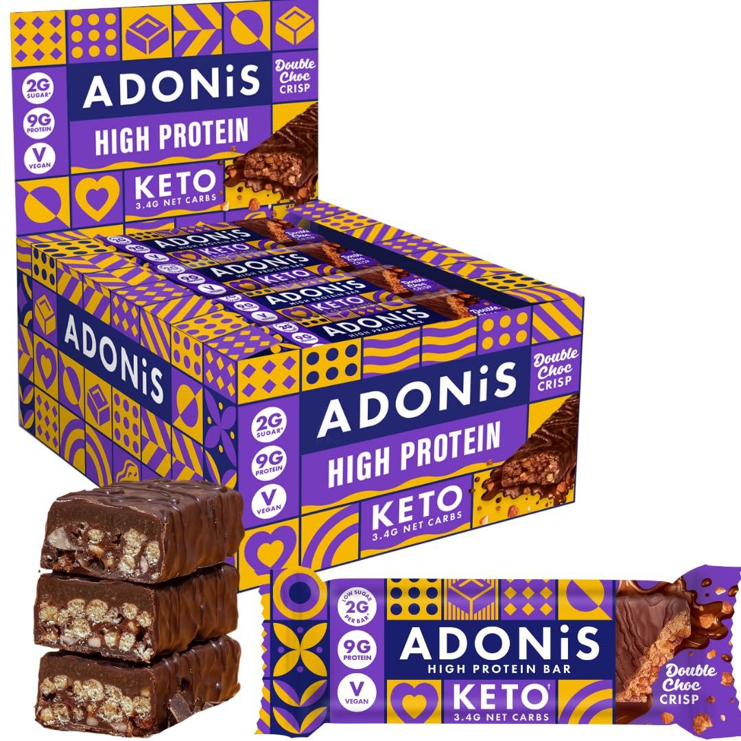 Adonis Keto High Protein Riegel 16x 45g Keto Snacks Vegan & 100% natürlich Kapseln, Low Carb Bar und Low Sugar Snack à