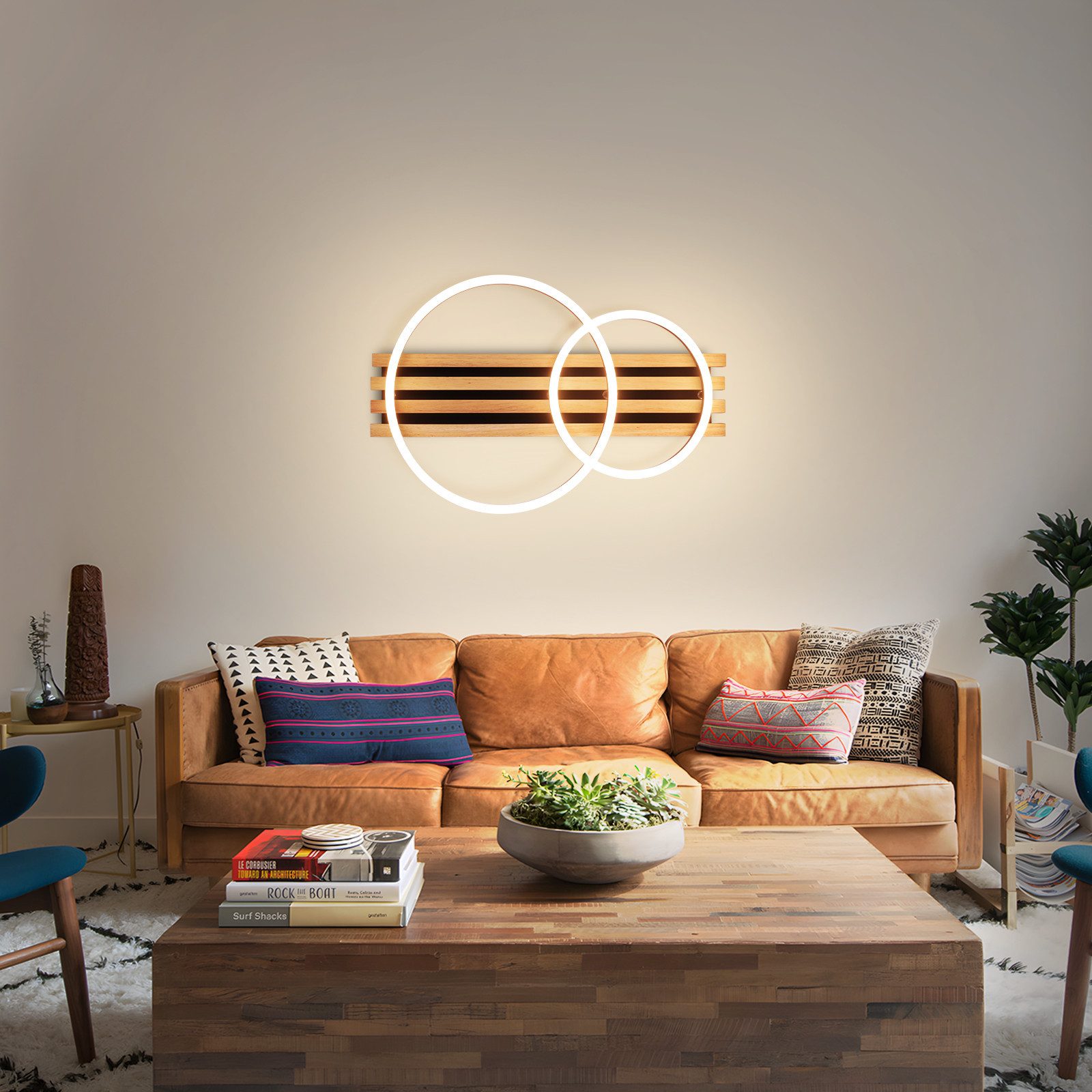 Nettlife LED Deckenleuchte Dimmbar Holz 2/3/4 Ringe Modern Deckenlampe Wohnzimmer, LED fest integriert, 36W 55*35*8.8CM für Schlafzimmer Büro Küche – Bild 4 von 5