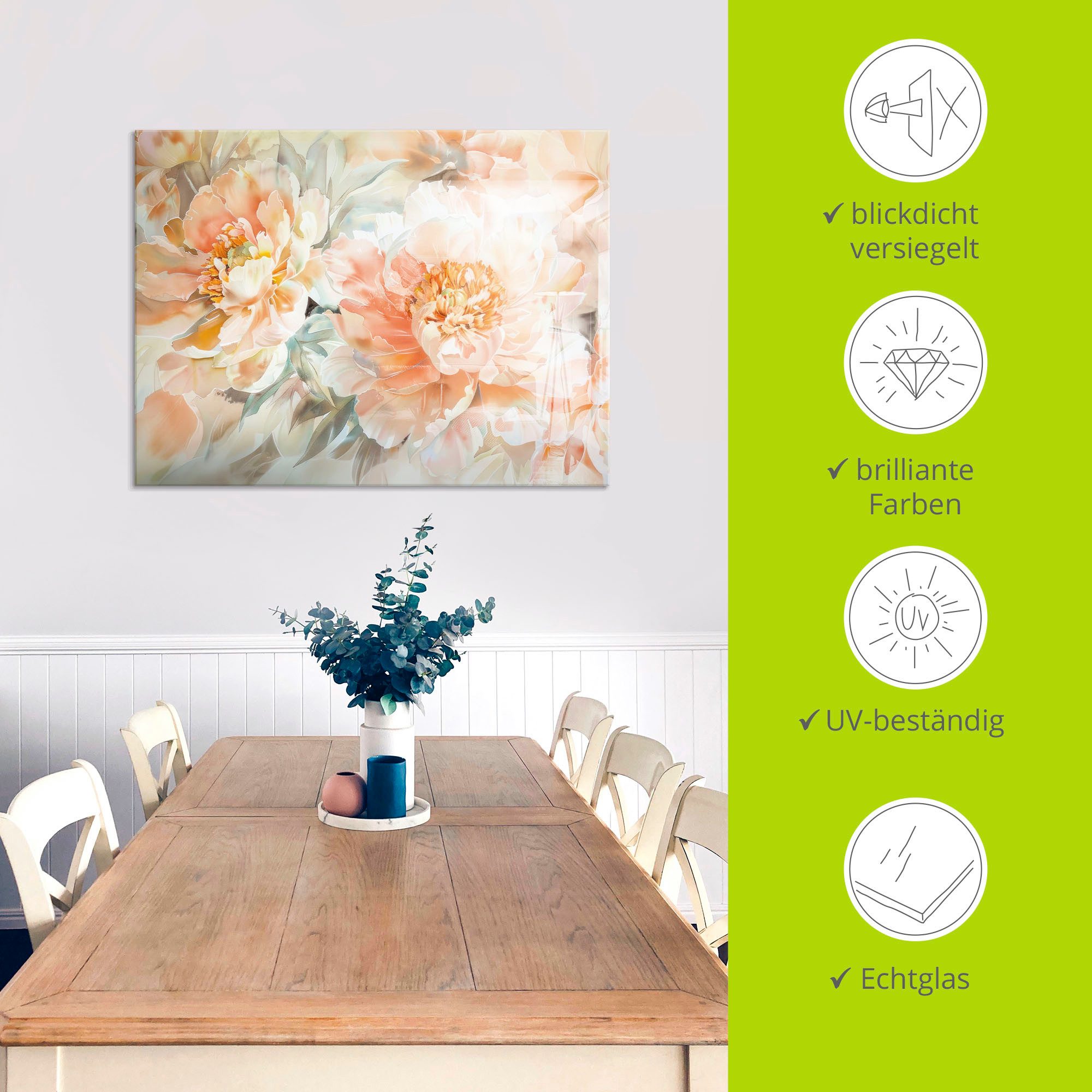 Artland Glasbild Pfirsisch Farbene Pfingstrosen Aquarell, Blumenbilder (1 St), in verschiedenen Größen