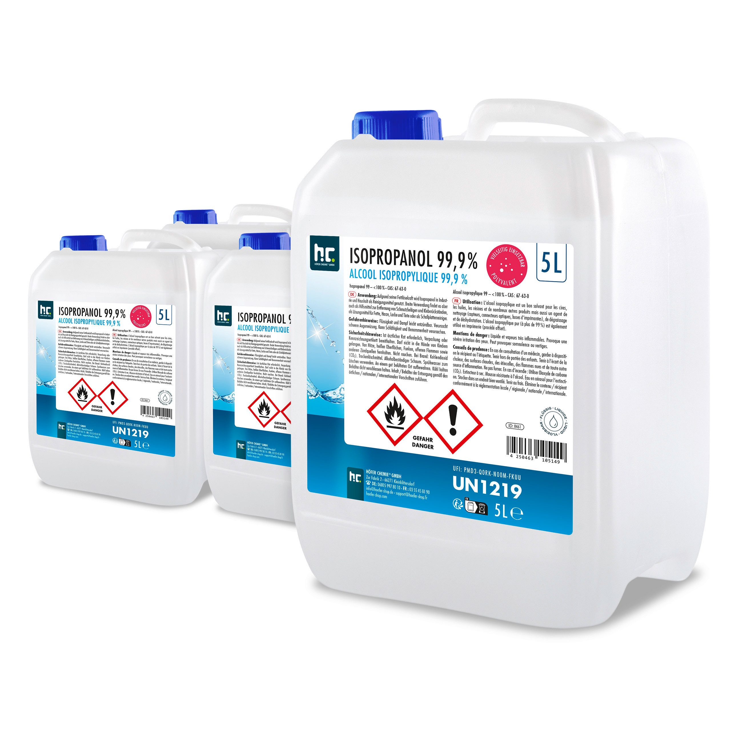 Höfer Chemie GmbH 4x 5 L Isopropanol 99,9% Grundreiniger (Reinigt und entfettet zuverlässig)