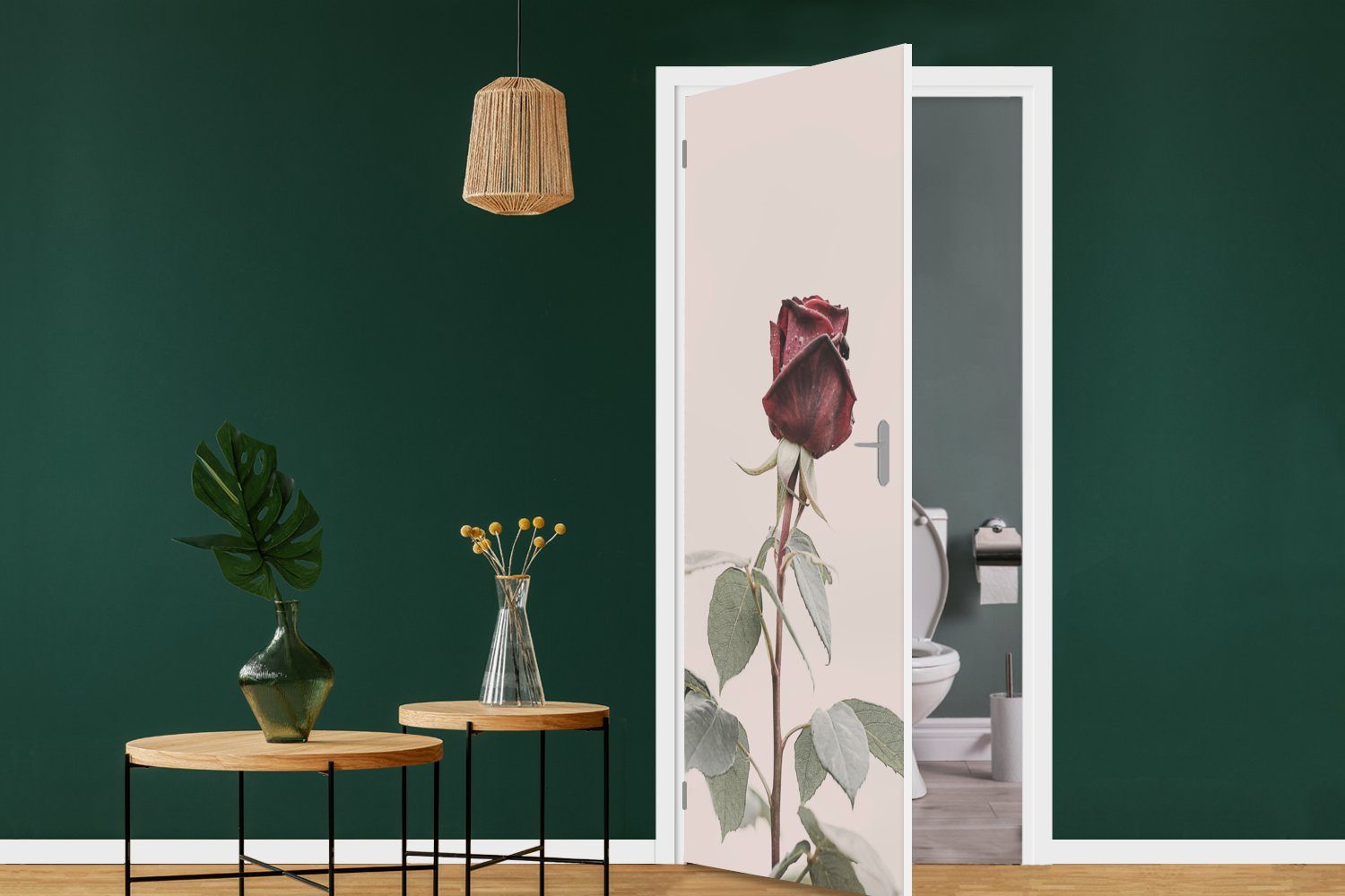 Grün, MuchoWow Tür, Matt, (1 cm Blumen St), - für Fototapete - Türaufkleber, - Rosen bedruckt, Türtapete Rot 75x205