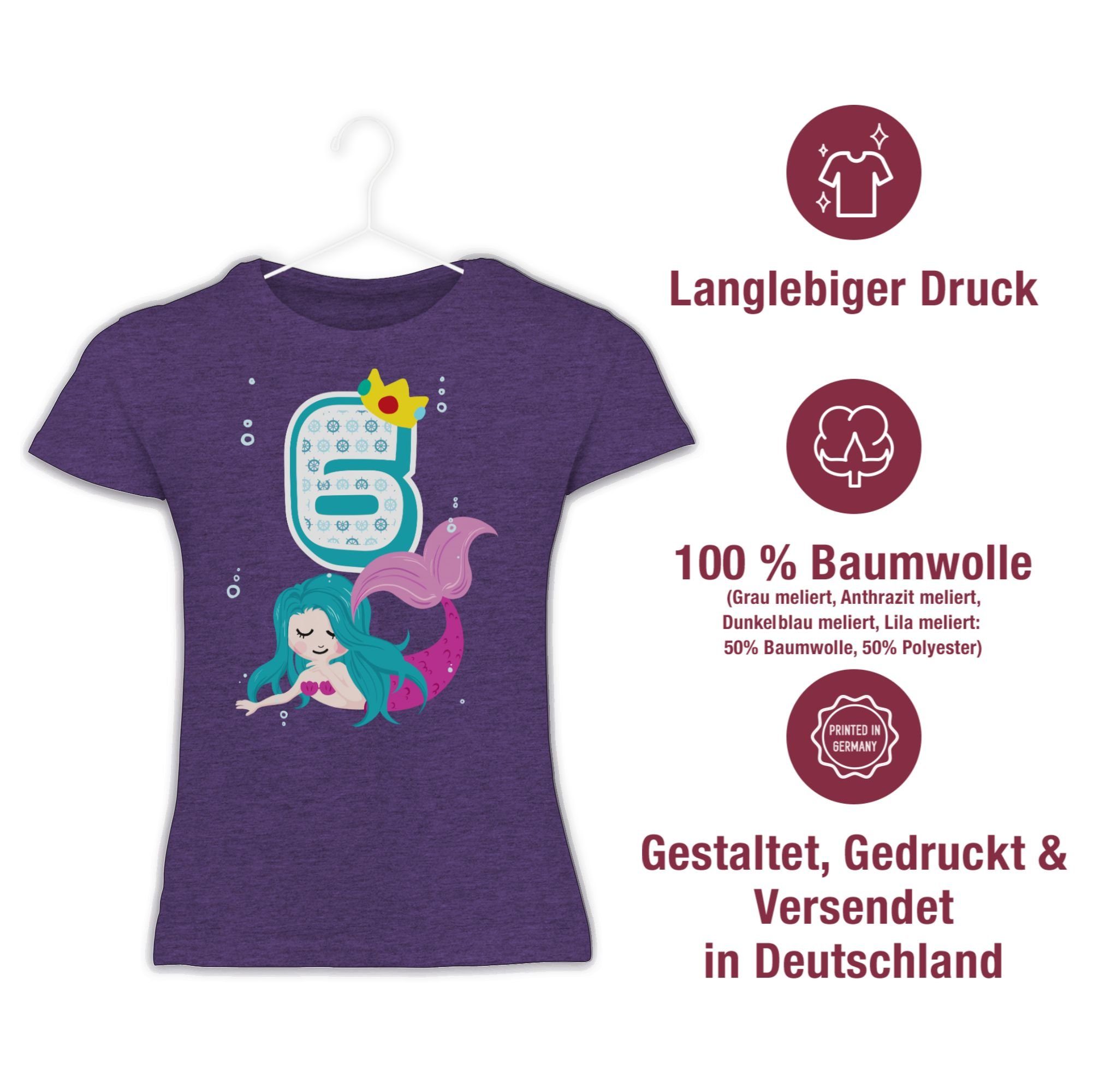 Shirtracer 6. Geburtstag Meliert Meerjungfrau 2 T-Shirt Lila Sechster