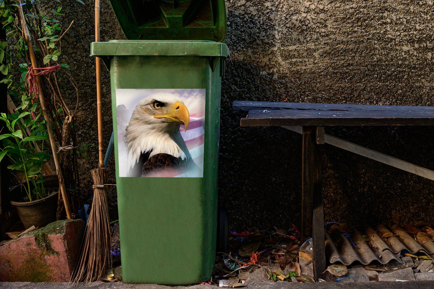 Flagge Container, Sticker, Ein amerikanischer Mülltonne, MuchoWow Weißkopfseeadler Wandsticker (1 mit Mülleimer-aufkleber, St), einer Abfalbehälter amerikanischen