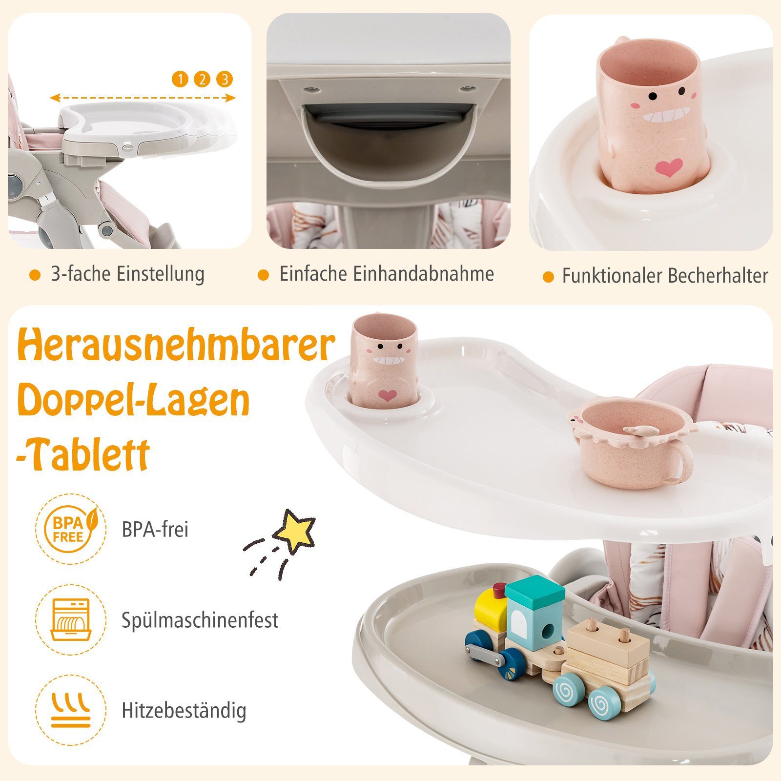 COSTWAY Hochstuhl Babystuhl, klappbar, verstellbar, mit Liegefunktion & Rädern