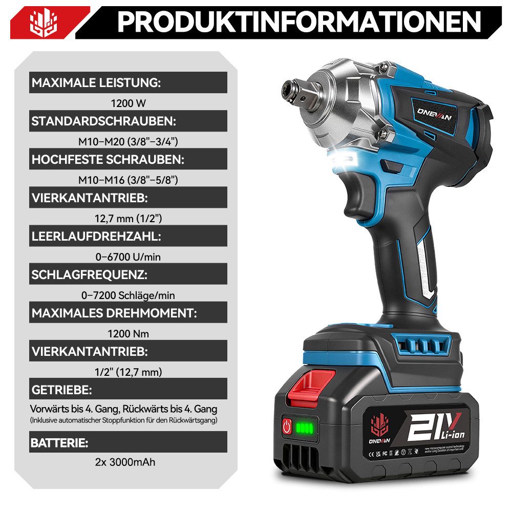 ONEVAN Akku-Schlagschrauber 1/2 Zoll Bürstenloser Motor, 1200Nm Drehschlagschrauber, mit einstellbarem Drehmoment und 2xLithium Batterien