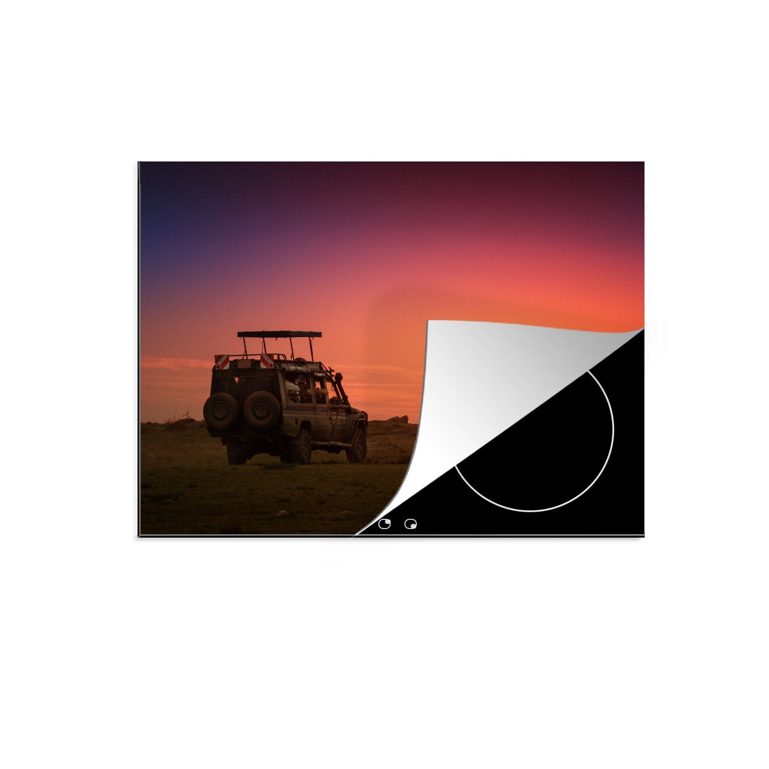 MuchoWow Herdblende-/Abdeckplatte Safari-Auto mit Blick auf einen Sonnenuntergang in Kenia, Vinyl, (1 tlg), 70x52 cm, Mobile Arbeitsfläche nutzbar, Ceranfeldabdeckung