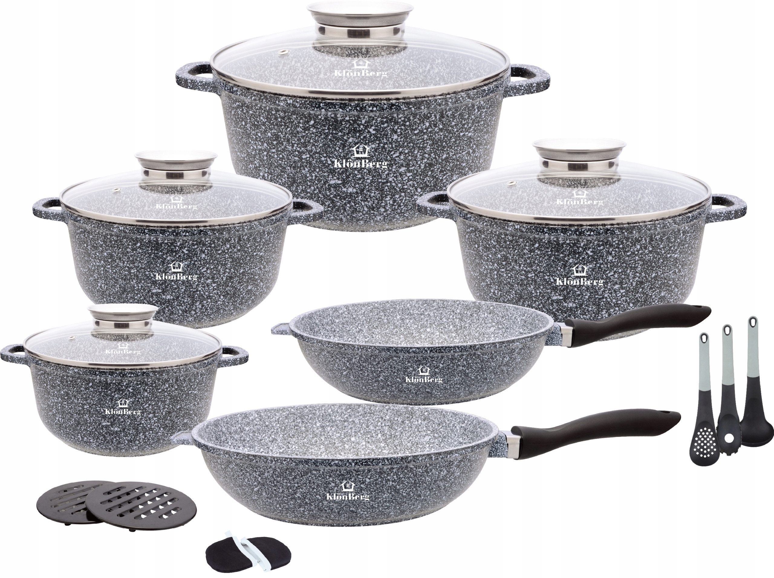 KlönBerg Topf-Set Steinbeschichteten Töpfen in verschiedenen Größen mit Bratpfannen, Aluminiumguss, Aluminium, Keramik, Edelstahl (Passt in jede Küche! 1.3L / 2.3L / 2.4L / 3.4L / 4.5L / 6.8L, 17-tlg., Es ist eine perfekte Geschenkidee für jeden Anlass), Innovative Aroma Knob-Griffe