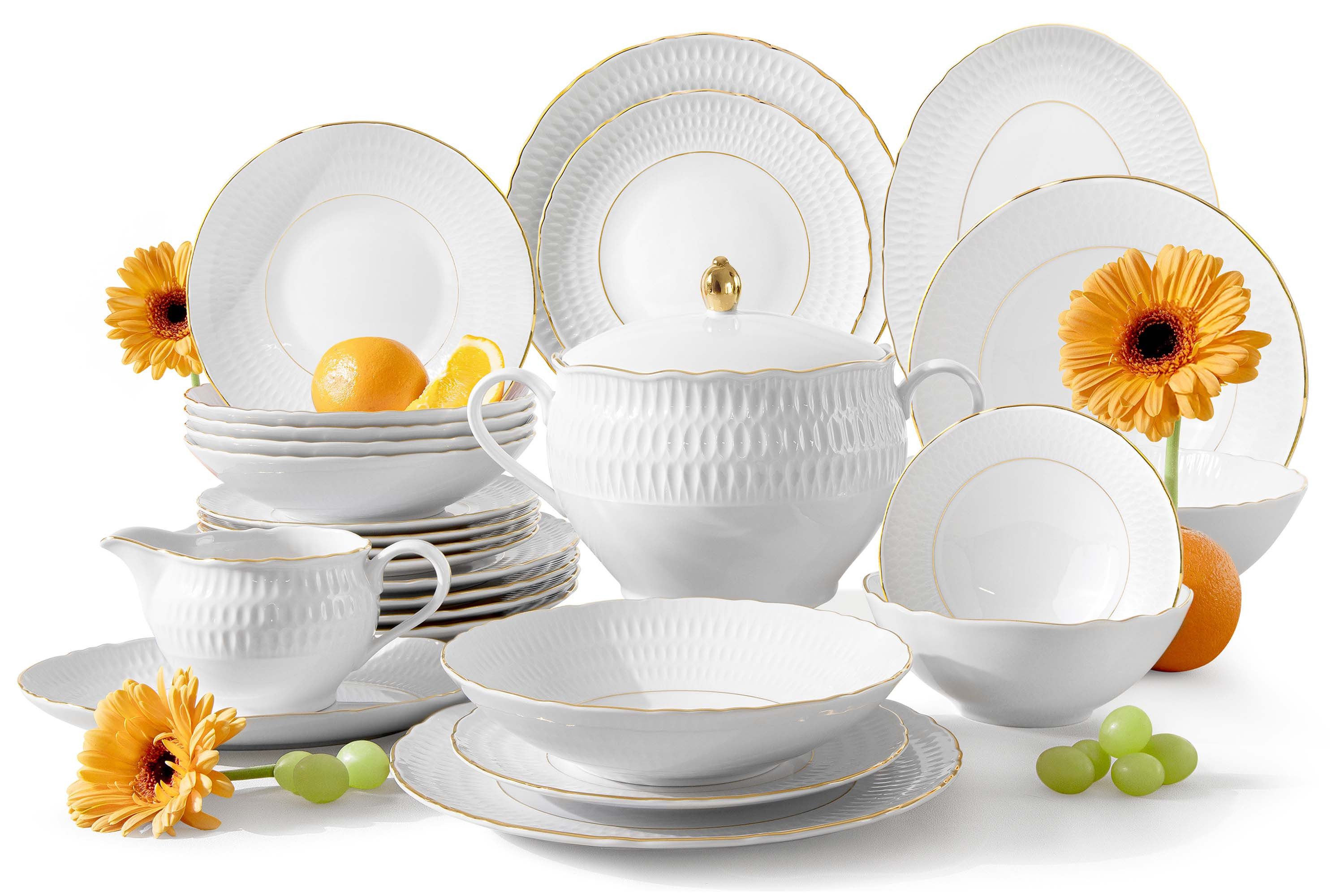 KONSIMO® Kombiservice CMIELOW SOFIA Geschirrset, Hochwertiges Premium-Porzellan (25-tlg), 6 Personen, Porzellan, handbemalt in echtem Gold, Handwäsche, elegante Verzierung
