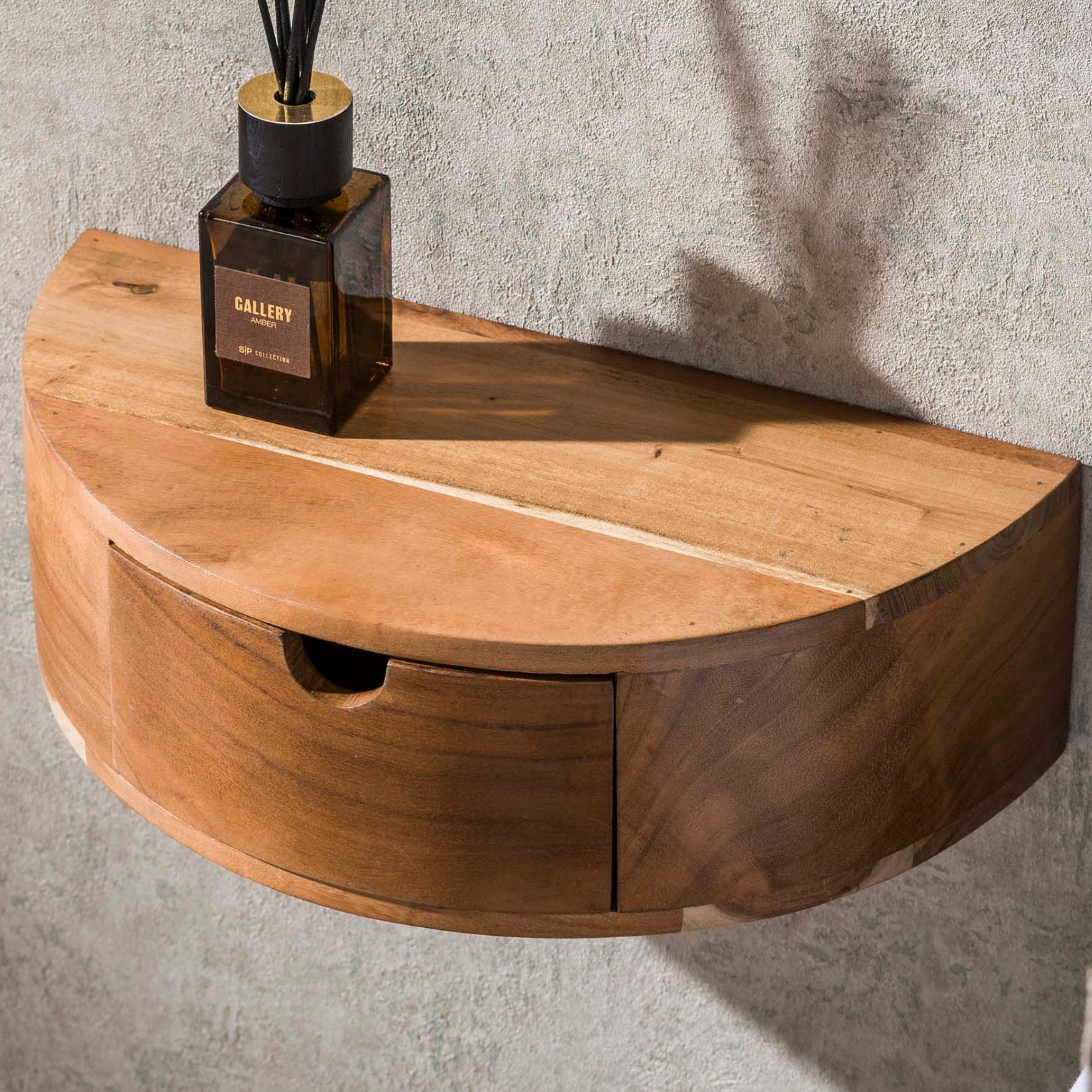 alesvelt Nachttisch CURVE Schwebende, halbrunde Nachtkonsole aus Akazie mit Schublade (1-Tisch), 41x20x12cm