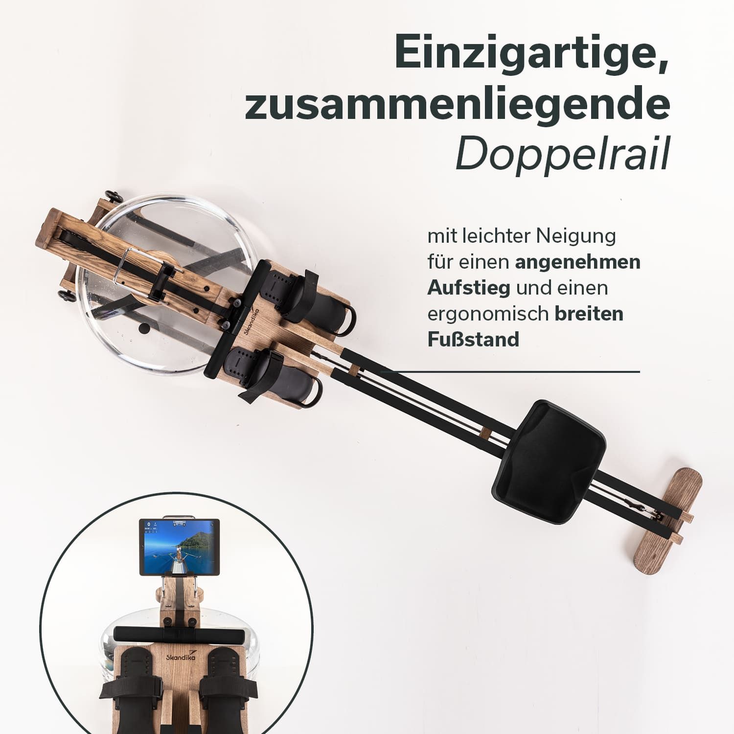 Skandika Rudergerät Styrke Wasser-Rudermaschine karamellbraun/schwarz, bis 180 kg, Holz, Mit Kinomap App, Made in Germany, aus deutscher Esche, für Zuhause