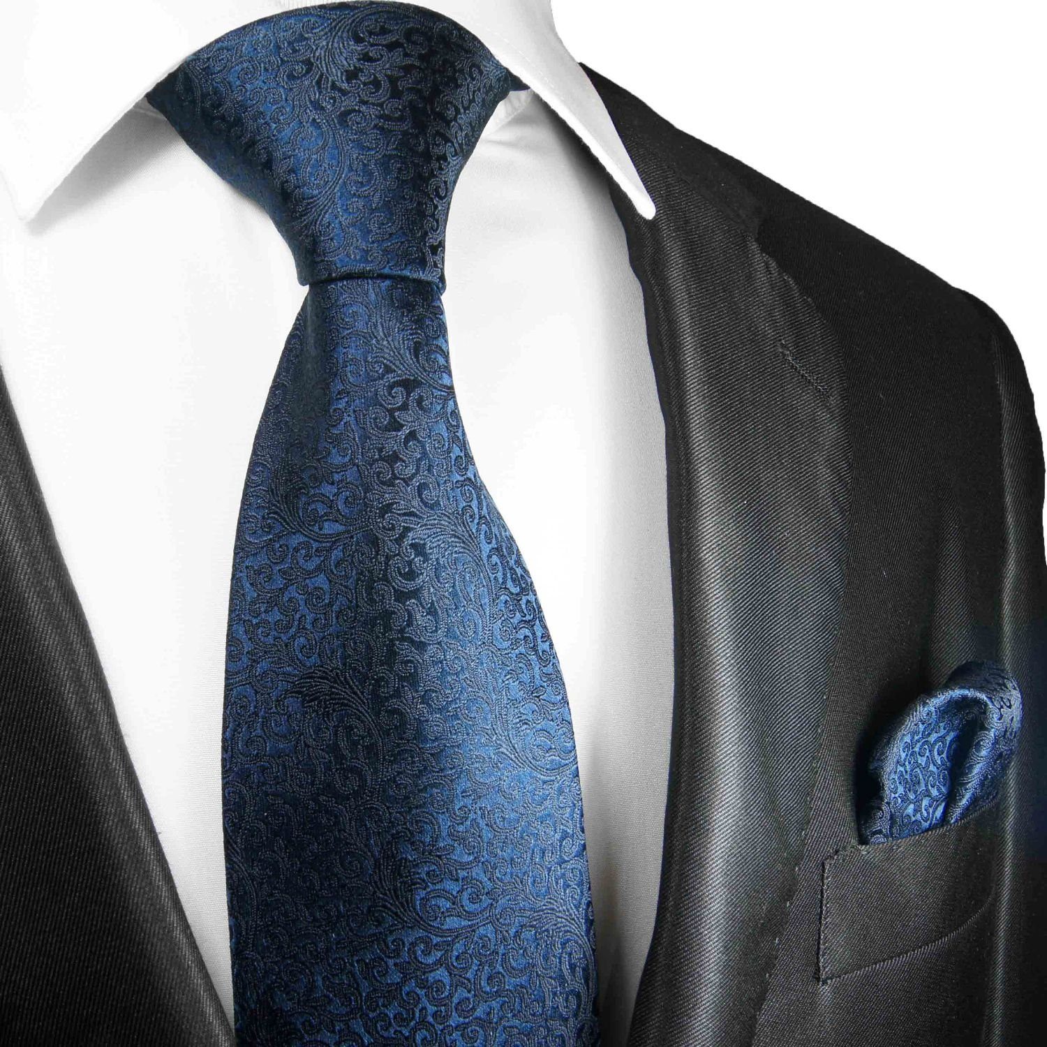 Paul Malone Krawatte Herren Hochzeitskrawatte mit Tuch floral 100% Seide Hochzeit Schlips (Set, 2-St., Krawatte mit Einstecktuch) Breit (8cm), blau dunkelblau 2103 | Breite Krawatten