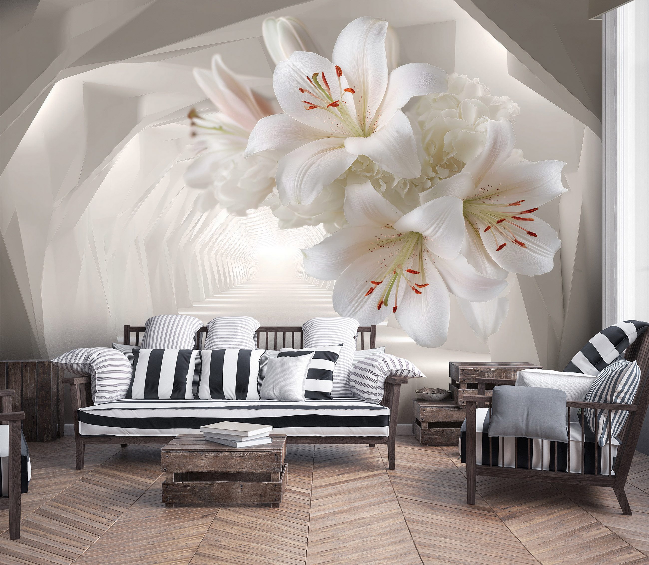 Wallarena Fototapete 3D Tunnel Weiß Blumen günstig online kaufen
