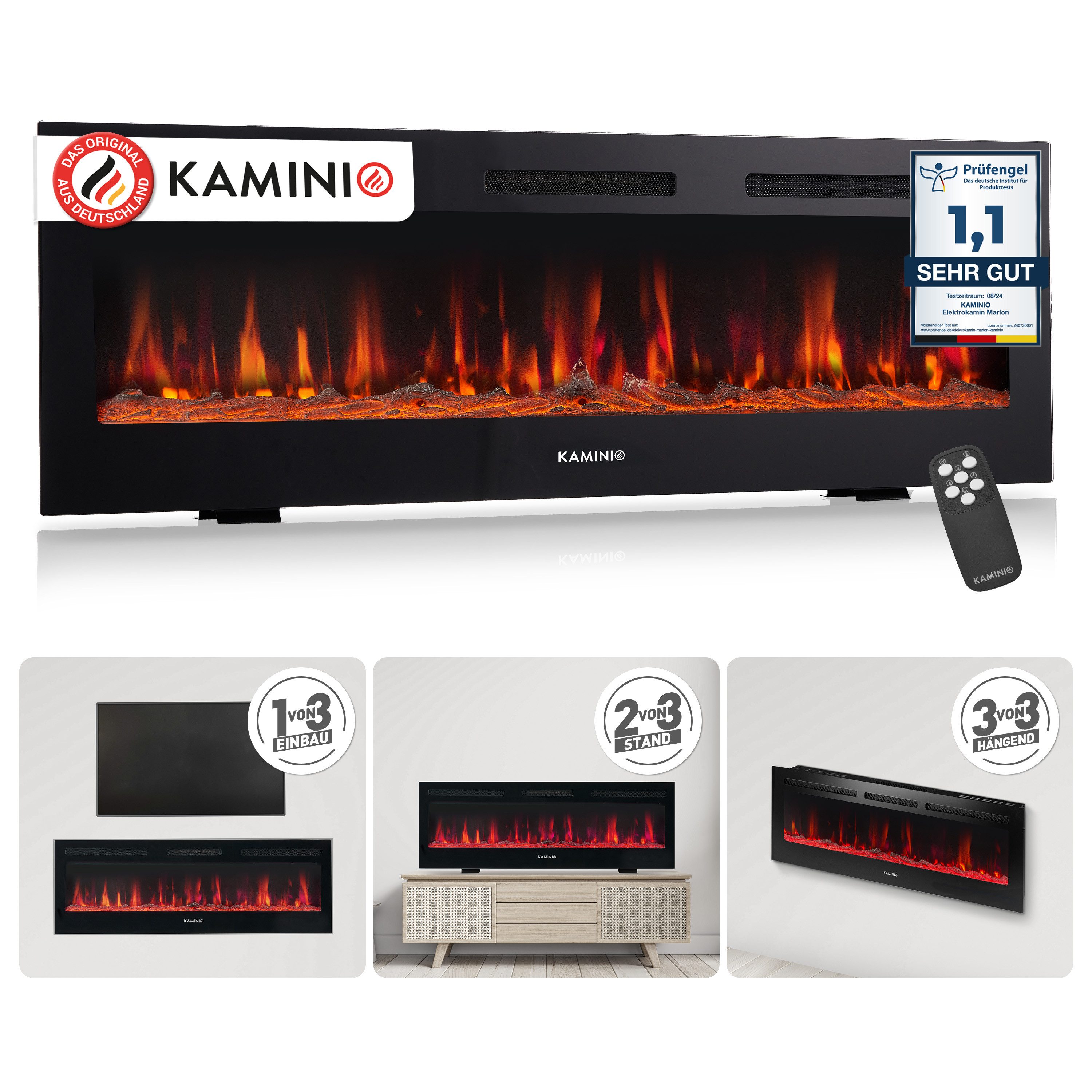 KAMINIO Elektrokamin MARLON, 3in1 Kamin: Elektrischer Stand-, Wand- und Einbaukamin, Heizung 1800W