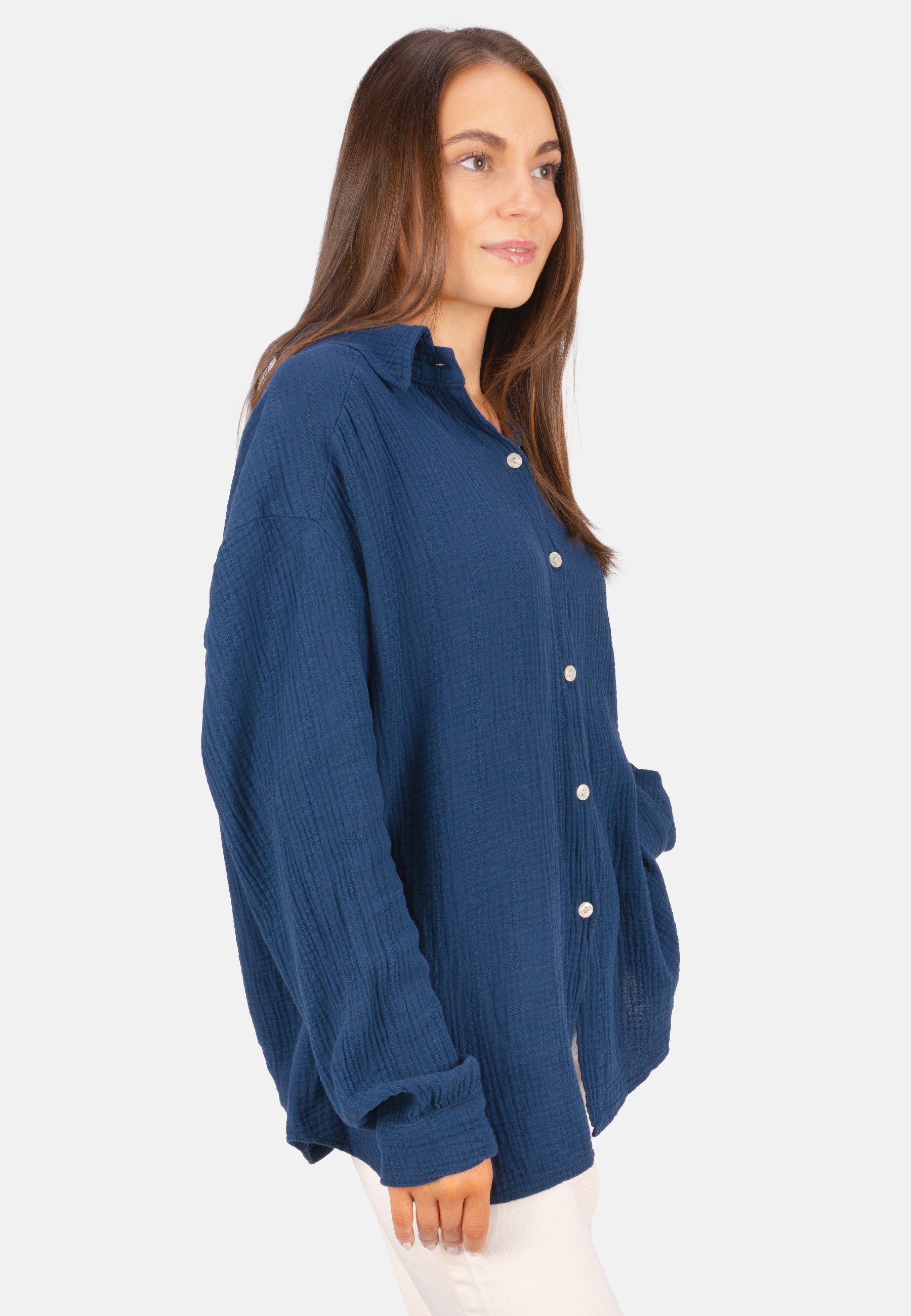 Seasons of April Hemdbluse Oversized Musselinbluse Sasha (1-tlg) Kurze Musselin Hemdbluse mit Knopfverschluss aus 100% Baumwolle