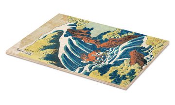 Posterlounge Holzbild Katsushika Hokusai, Zwei Männer waschen ein Pferd an einem Wasserfall, Malerei
