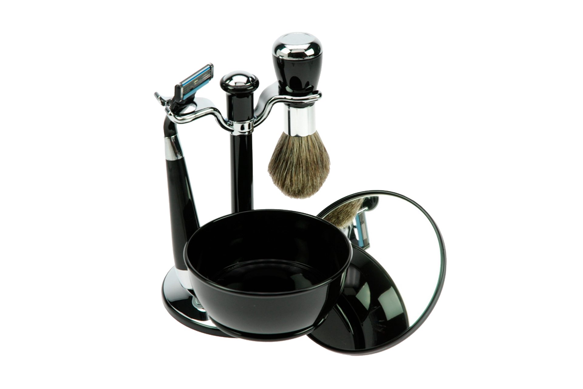 Fantasia Beauty Rasierset-Ständer Rasier-Set mit Schale + Spiegel-Deckel schwarz, 1-tlg., Rasierständer, Rasierer, Rasierpinsel, Rasierschale, Mach 3 Klinge
