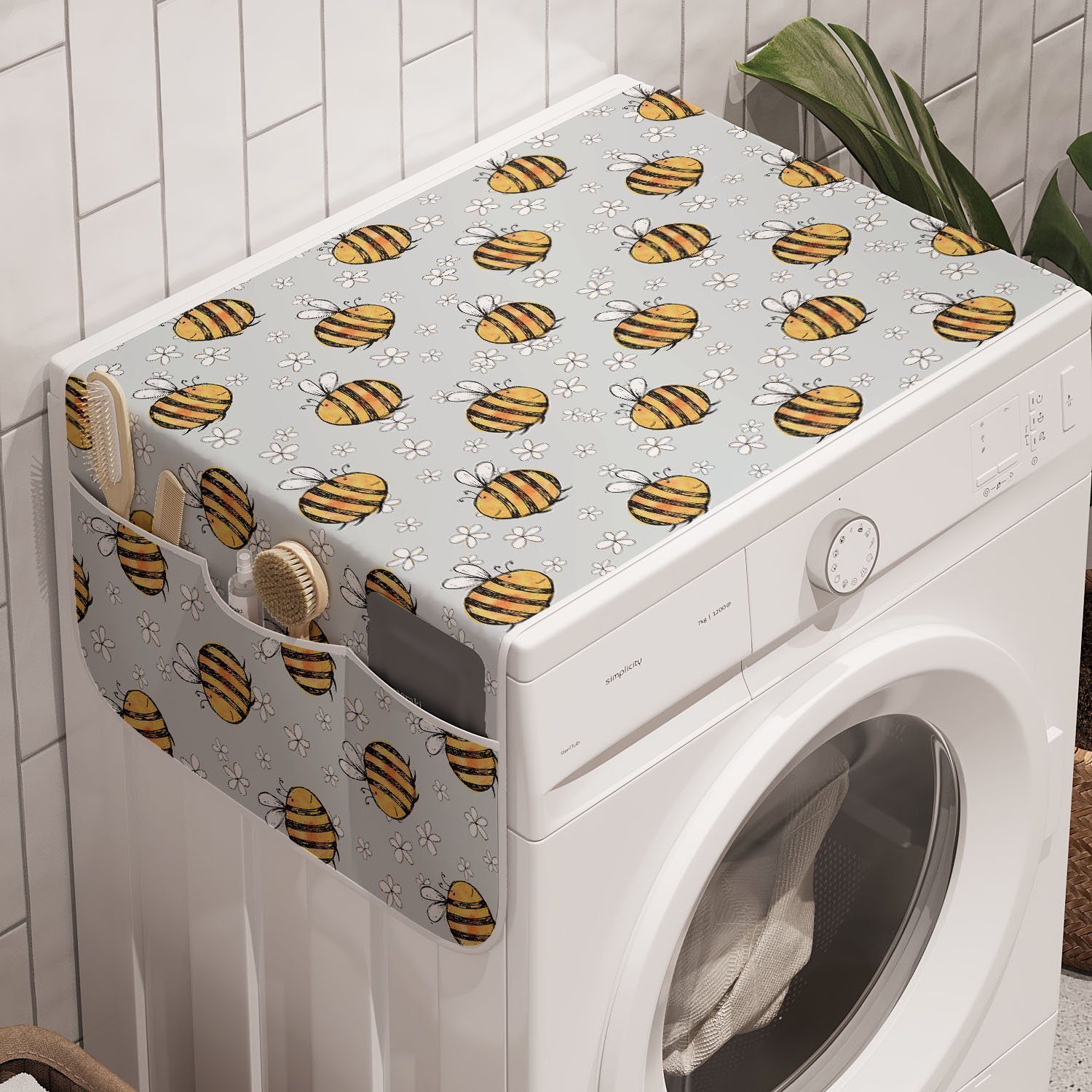 Blumen Waschmaschine Anti-Rutsch-Stoffabdeckung Szene gezeichnete Badorganizer Trockner, Abakuhaus Honey und Bee für Hand