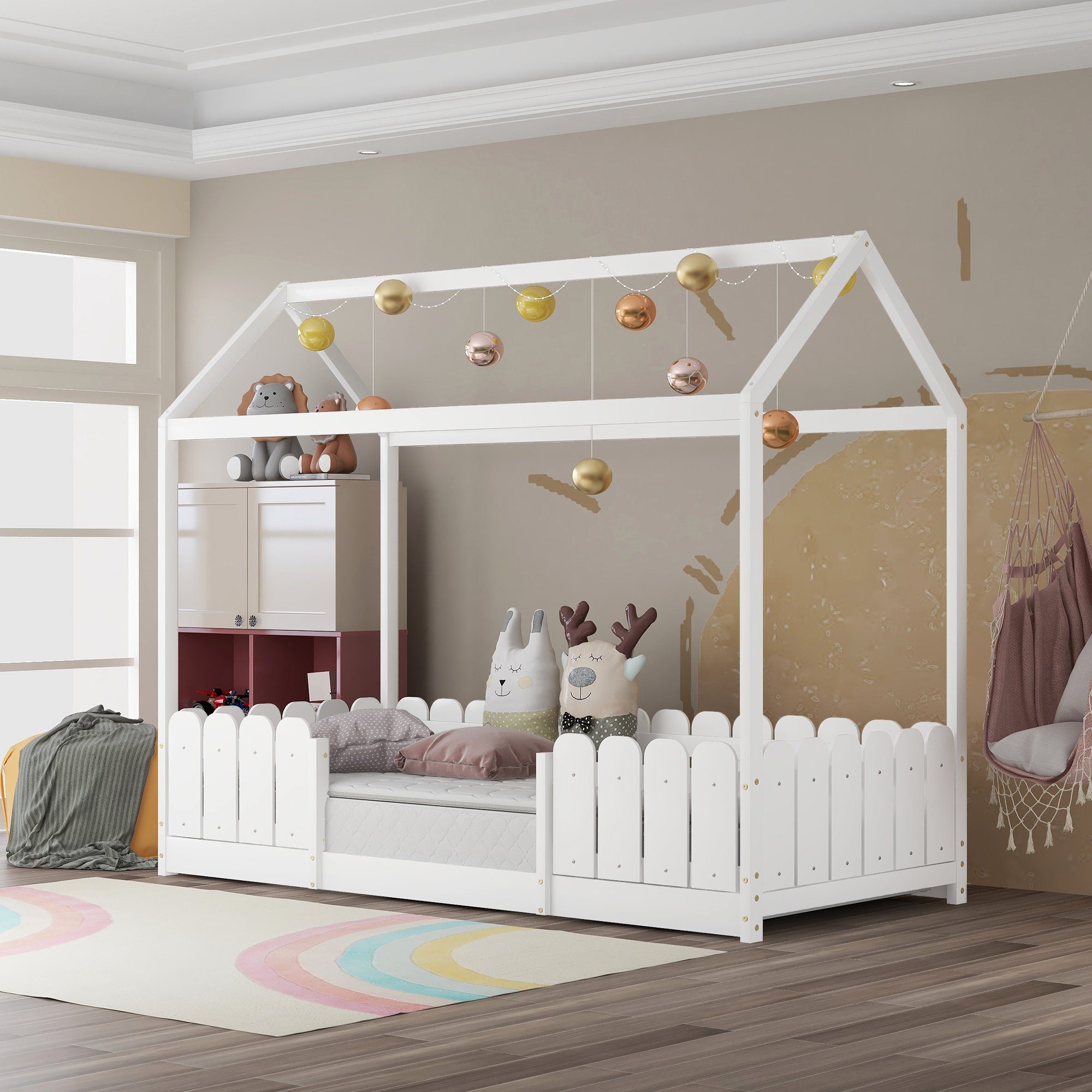und Holz Hausbett, mit Lattenrost, Weiß Merax Rausfallschutz Kinderbett 90x200cm,