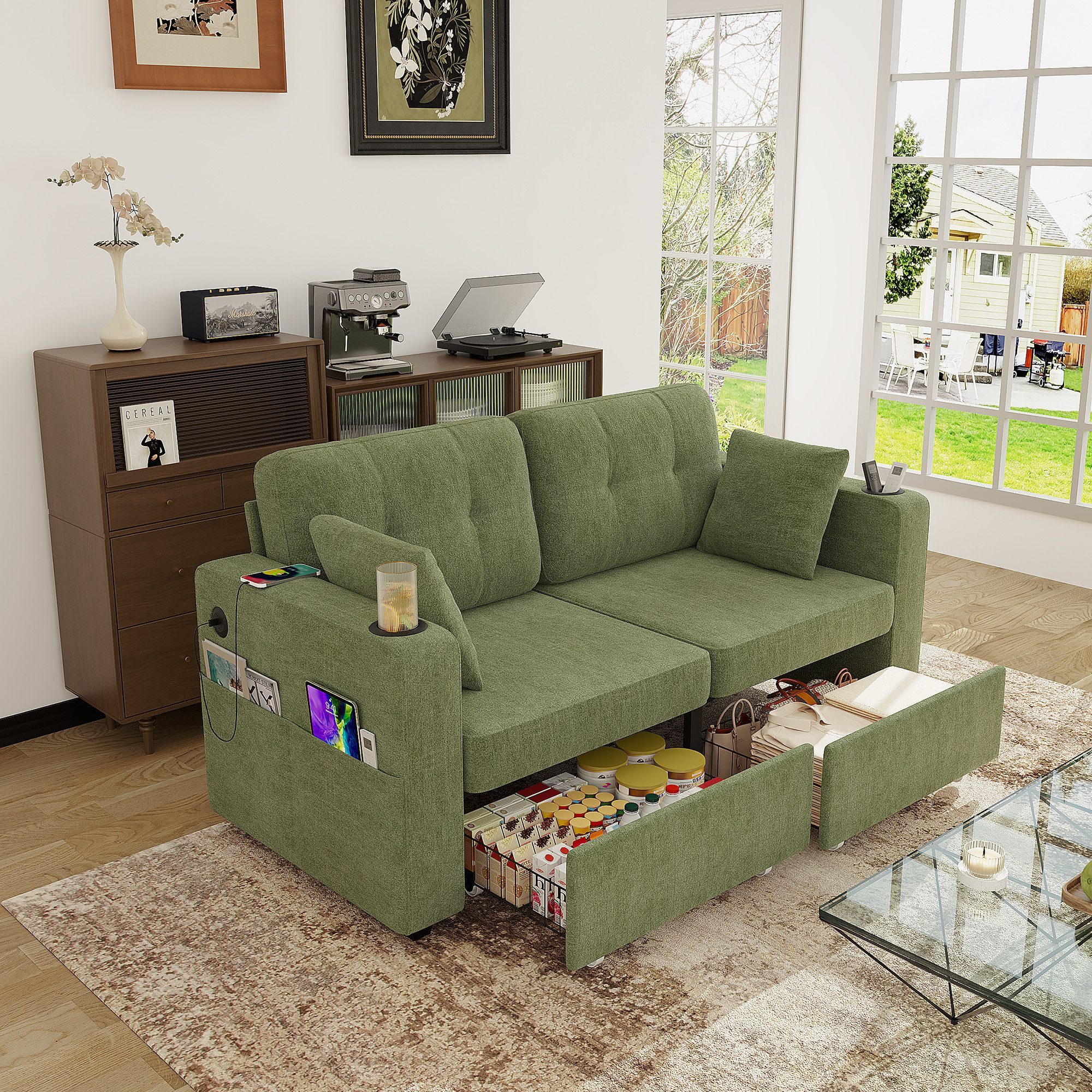 STILVORA Schlafsofa 2-Stizer Sofa mit zwei Schubladen Loungesofa mit Getränkehaltern, 2-Sitzer Sofa mit Stauraum, USB-Anschlüsse, Getränkehalter, versteckter Stauraum, kompakt