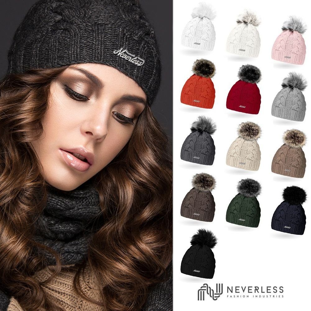 Neverless Strickmütze Damen Strickmütze Zopfmuster Fleccefutter Bommelmütze Pudelmütze