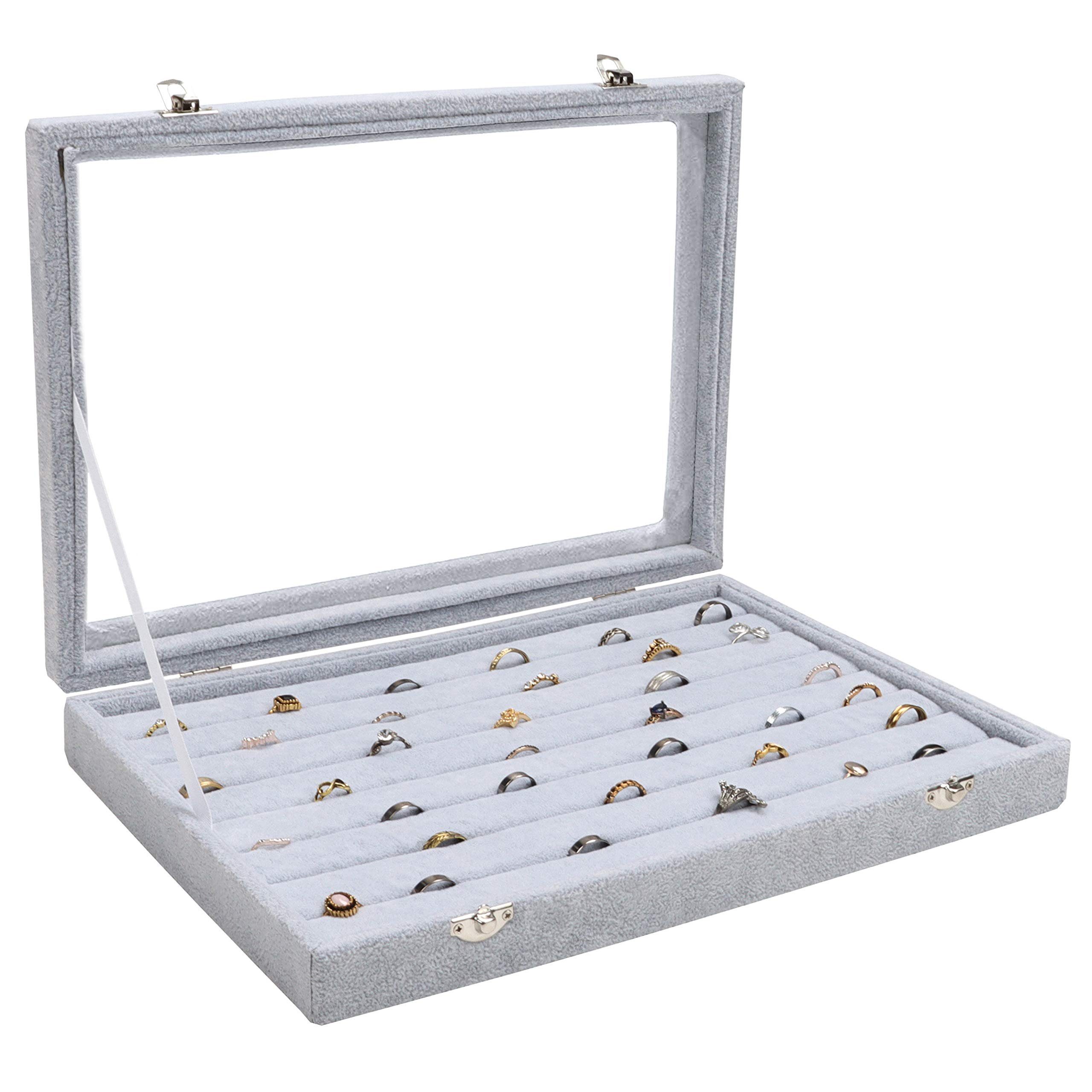 Belle Vous Schmuckständer Graue Schmuckschatulle mit 7 Fächern und Glasdeckel, Gray Jewelry Box with 7 Compartments and Glass Lid