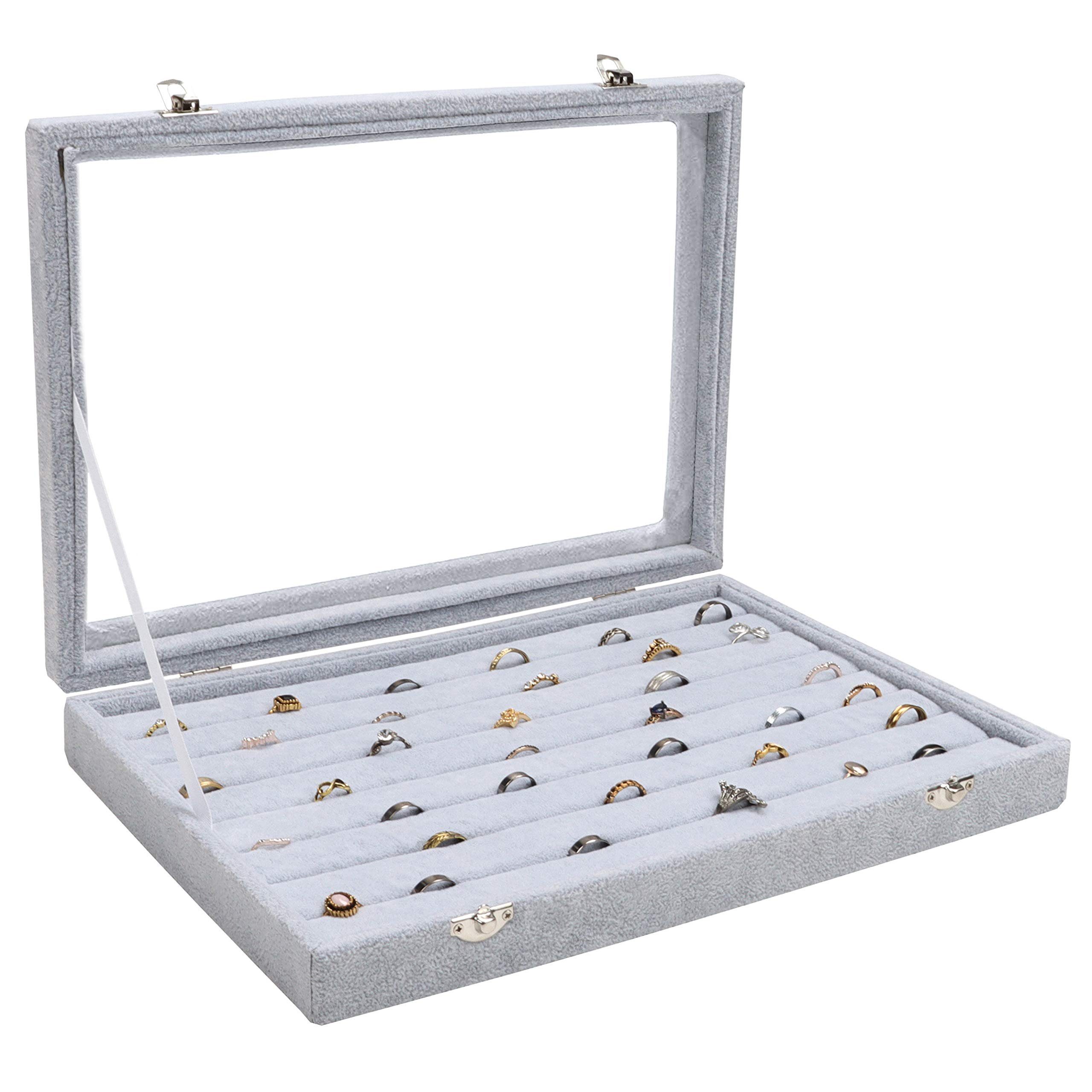 Gray Glasdeckel, Fächern and und Schmuckschatulle Box 7 Graue with 7 Compartments mit Glass Belle Jewelry Lid Vous Schmuckständer