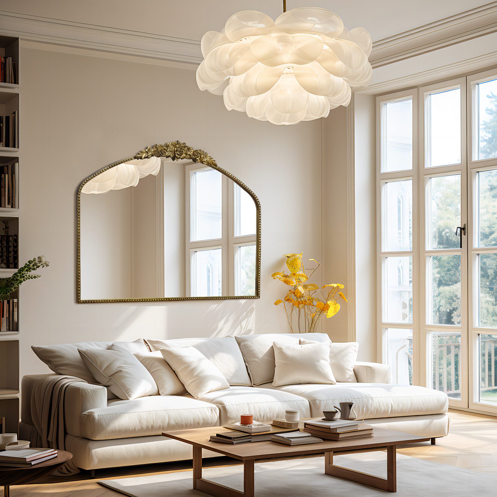 G-LEAF Wandspiegel Bogen-Wandspiegel im Barockstil, Metallrahmen mit Perlenverzierung (1-St), für Eingangsbereich, Badezimmer oder Schlafzimmer, Vintage-Gold