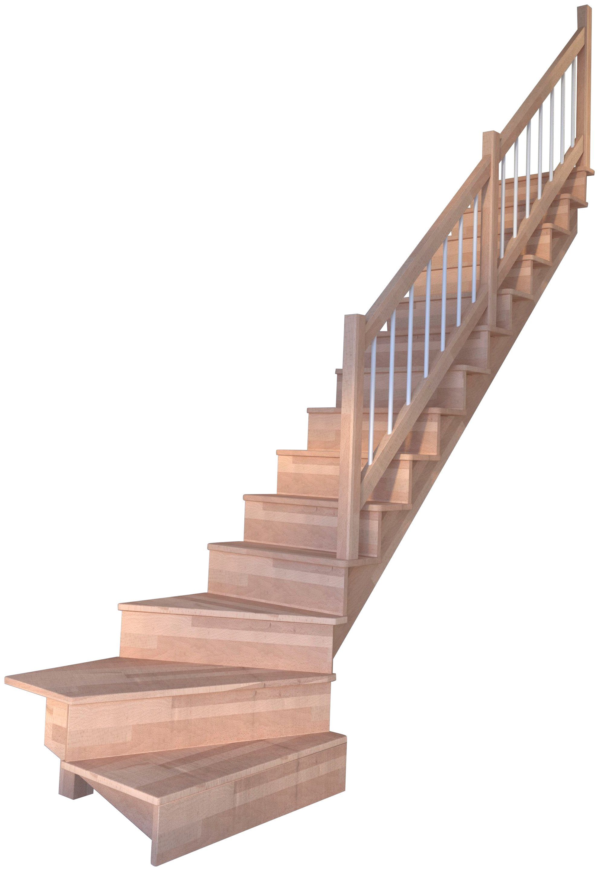 Weiß, Geschosshöhen Starwood 300 bis cm, geschlossen, Durchgehende für Stufen Lindos, Systemtreppe Holz-Edelstahl Massivholz gewendelt Wangenteile Rechts,