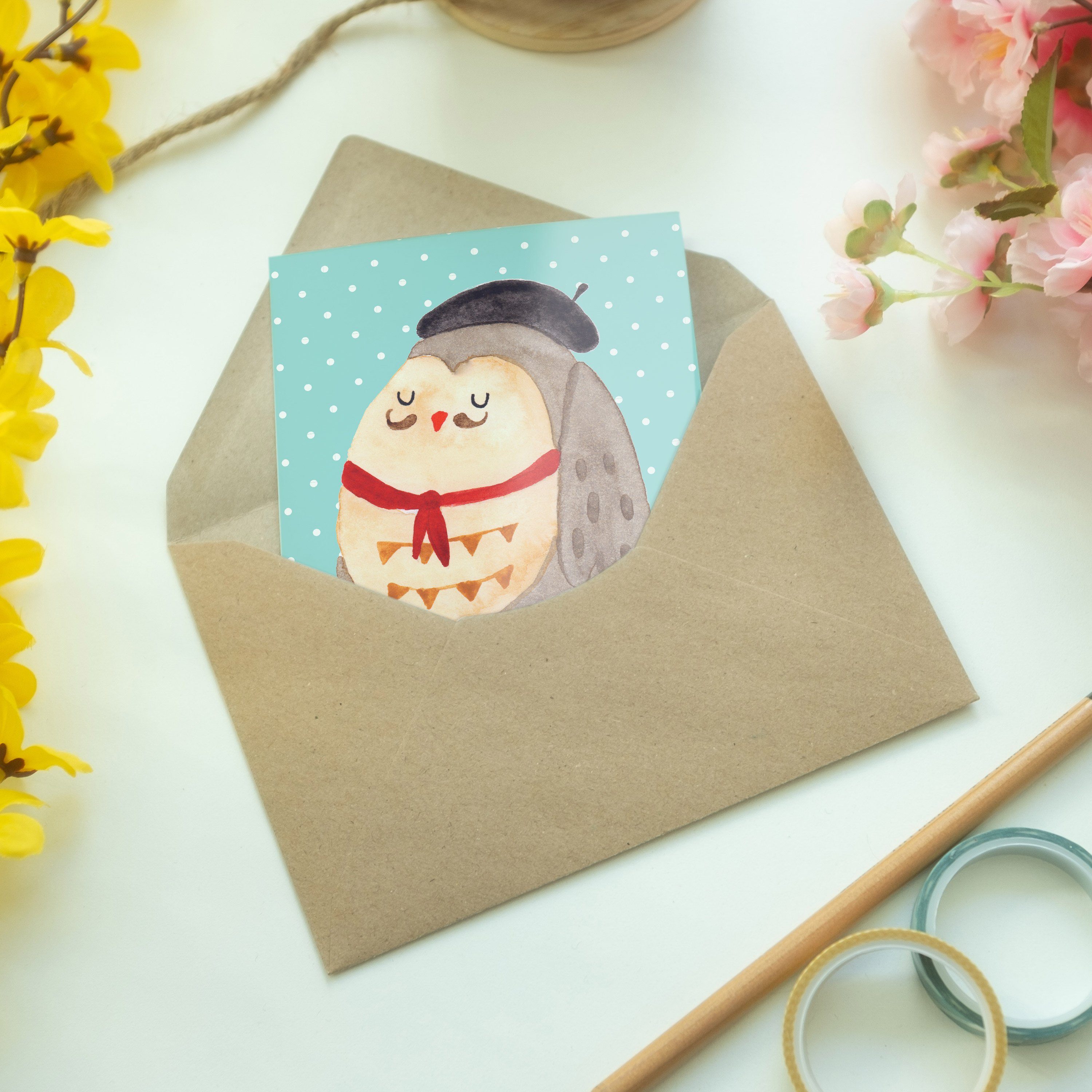 Geburtstagskarte, Eule Mrs. - Geschenk, Mr. Panda Grußkarte - Französisch & Pastell Türkis Klapp